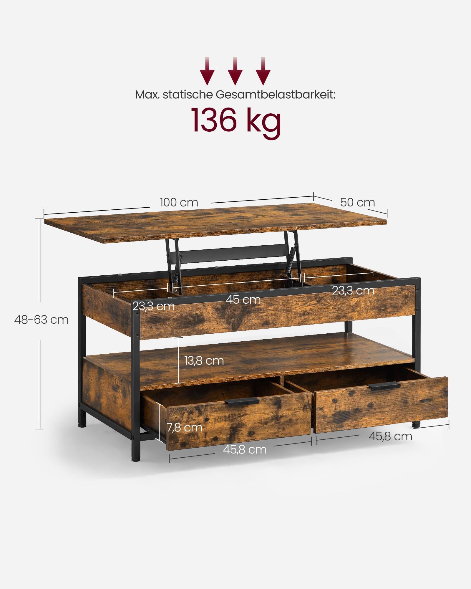 Max. statische Gesamtbelastbarkeit: 136 kg

100 cm  
50 cm  
48-63 cm  
23,3 cm  
45 cm  
23,3 cm  
13,8 cm  
7,8 cm  
45,8 cm  
45,8 cm