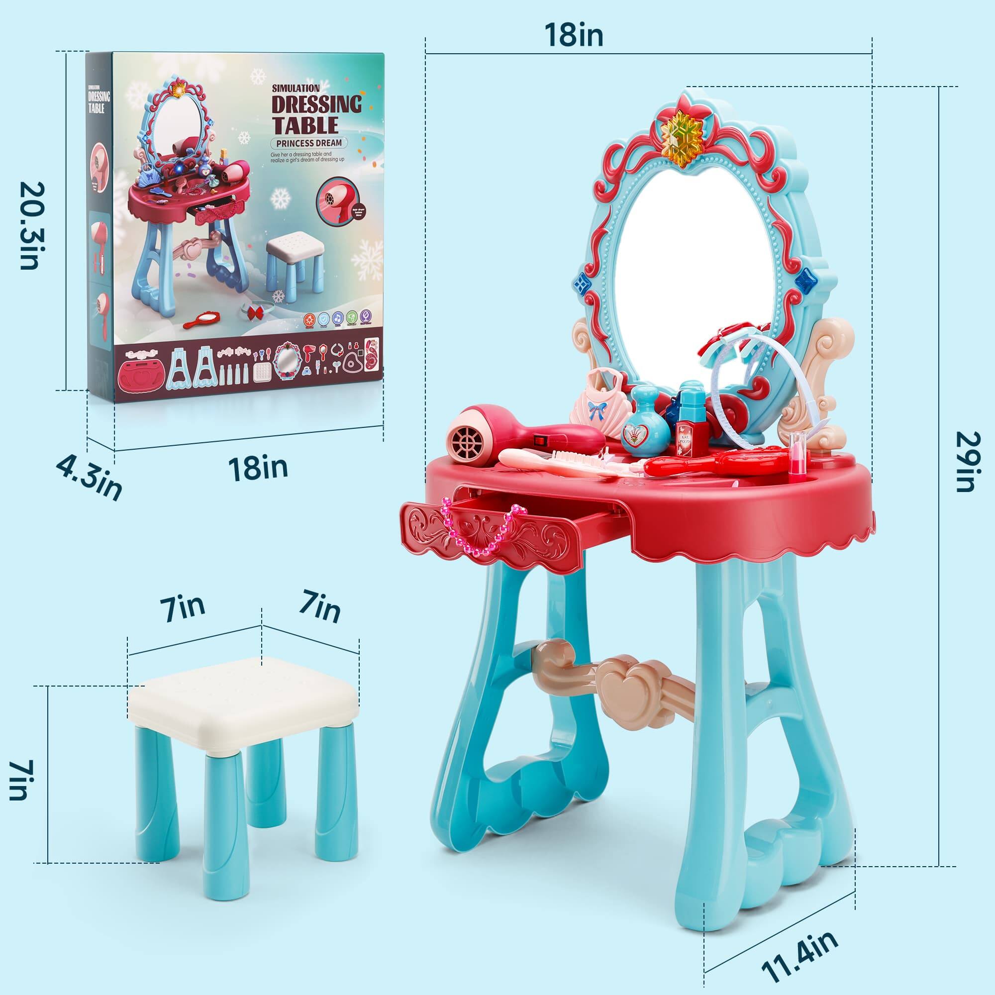 18in SIMULATION DRESSING TABLE PRINCESS DREAM  
- 20.3in  
- 4.3in  
- 18in  
- 29in  
- 7in  
- 7in  
- 7in  
- 11.4in