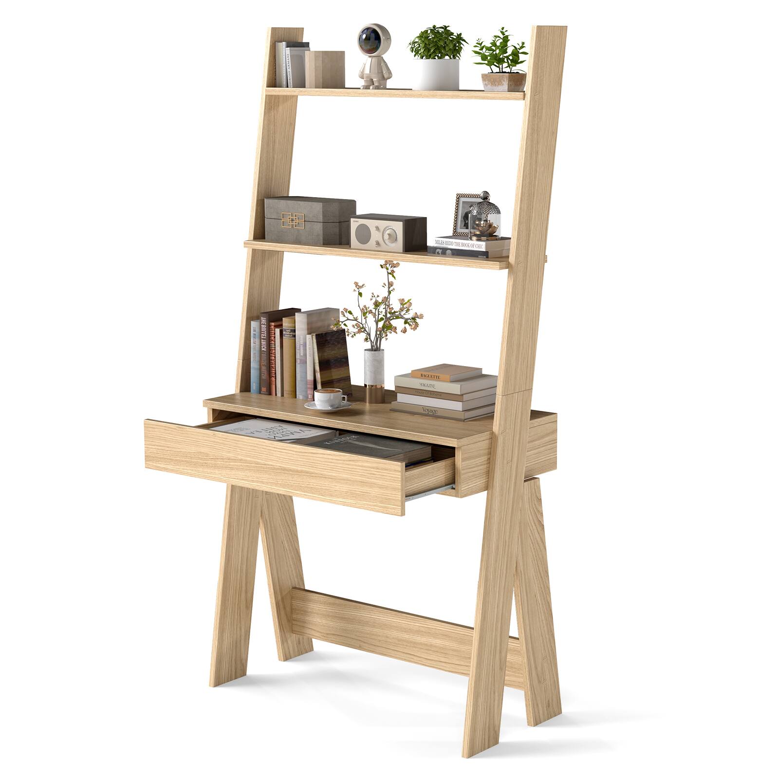 The image features a wooden chair with a shelf on the back. The shelf is filled with various items, including books, a potted plant, a vase, and a camera. The chair is positioned in front of the shelf, creating a cozy and functional space for reading or displaying personal items. The combination of the chair and shelf creates a unique and practical piece of furniture that can be used in a variety of settings.