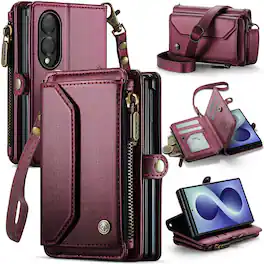 UUCOVER - Wallet Case for Samsung Galaxy Z Fold8 with RFID Blocking Card Slots Cash Holder Zipper Pocket Shoulder and Wrist Strap - Winered