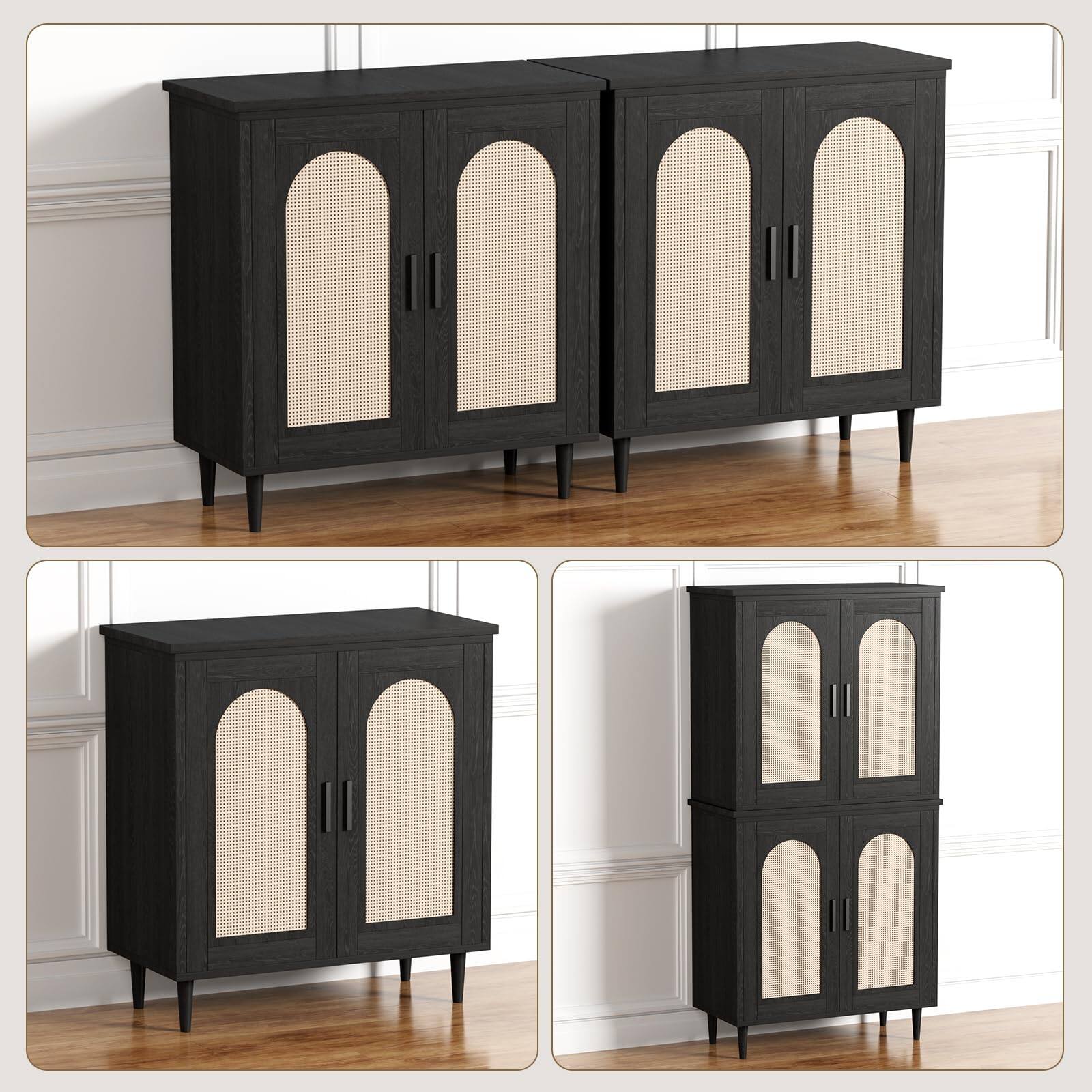 Alt View 2. Acekool - Sideboard Buffet Kitchen Storage Cabinet with Rattan, Solid Wood Feet for Living Room, Hallway, Entryway - Black.