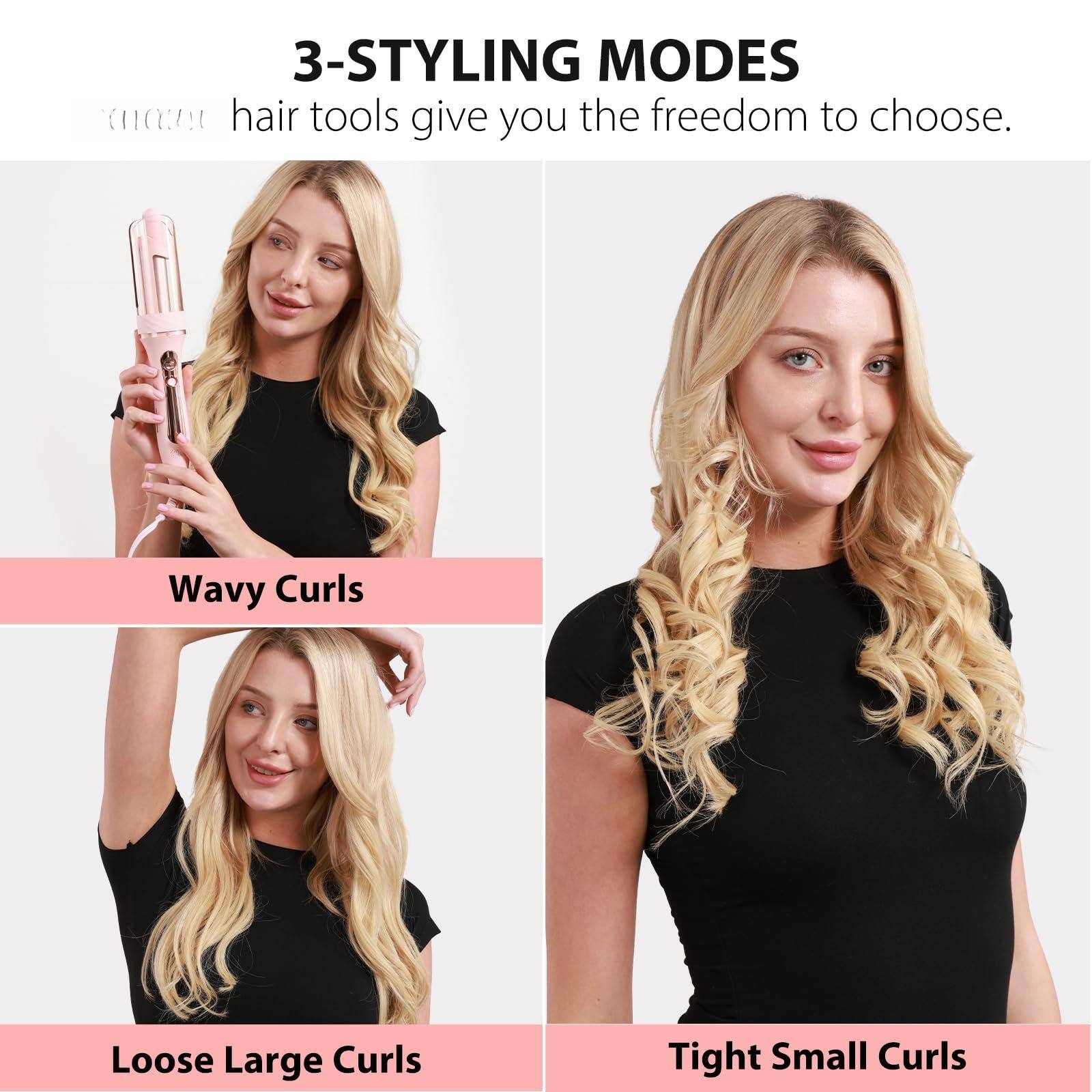 3-STYLING MODES  
Our hair tools give you the freedom to choose.  

Wavy Curls  
Loose Large Curls  
Tight Small Curls