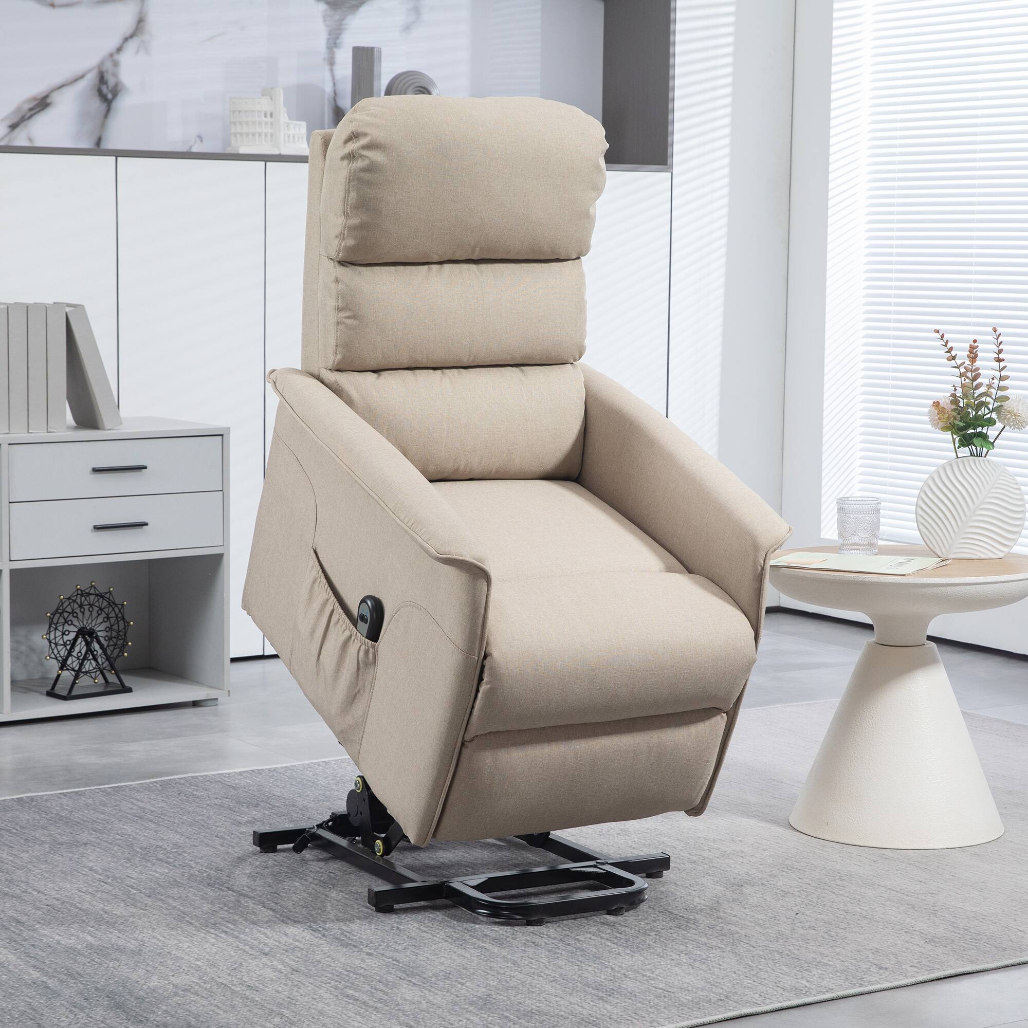 Alt View 1. Homcom - Power Lift Recliner Brown: Fabric Easy Assembly w/Remote & Side Pockets, Elderly Living Room Chair - Beige.