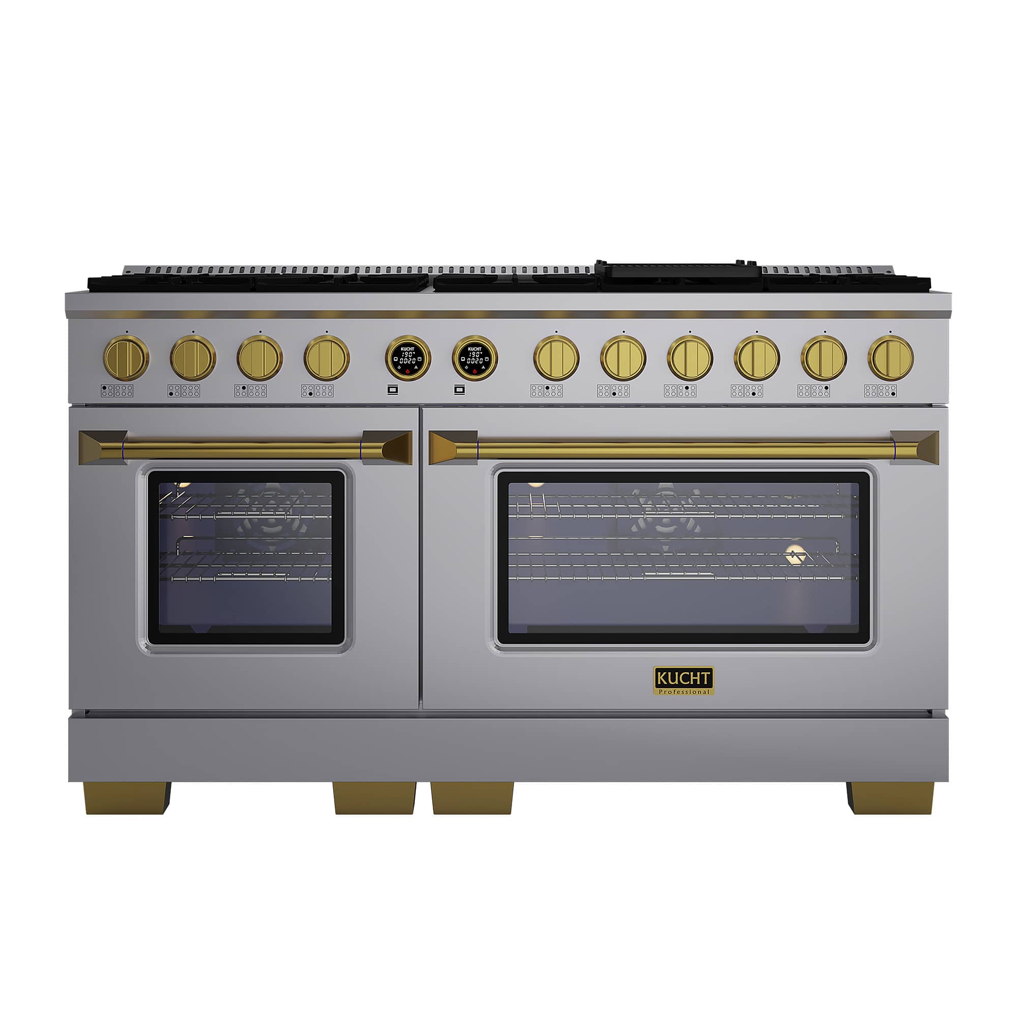 Kucht - 60 in. 7.9 cu. ft. 10 Burners Dual Fuel Range for Propane Gas in Stainless Steel and Gold + Under Cabinet Range Hood - Stainless Steel with Gold Accents