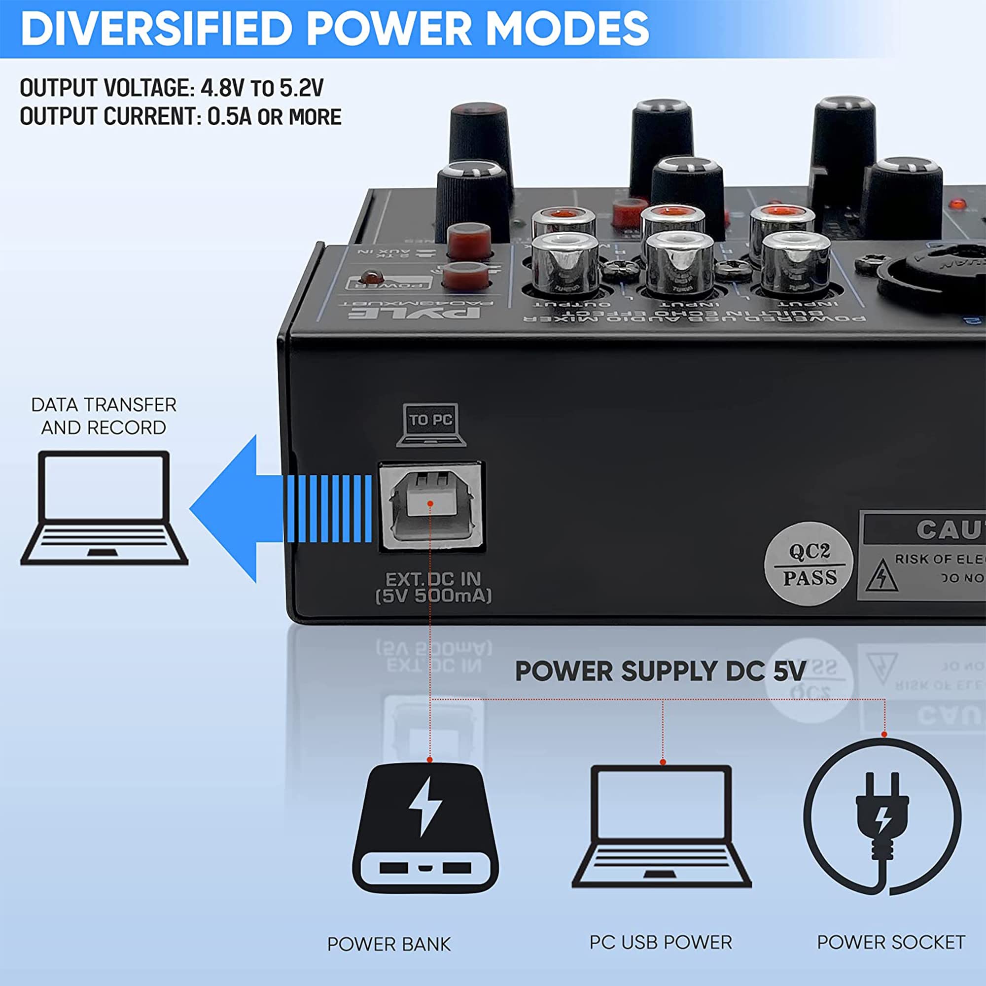 DIVERSIFIED POWER MODES

OUTPUT VOLTAGE: 4.8V TO 5.2V  
OUTPUT CURRENT: 0.5A OR MORE

DATA TRANSFER AND RECORD TO PC

EXT. DC IN (5V 500mA)

POWER SUPPLY DC 5V 2A

POWER BANK  
PC USB POWER  
POWER SOCKET

QC2 PASS  
CAUTION: RISK OF ELECTRIC SHOCK DO NOT