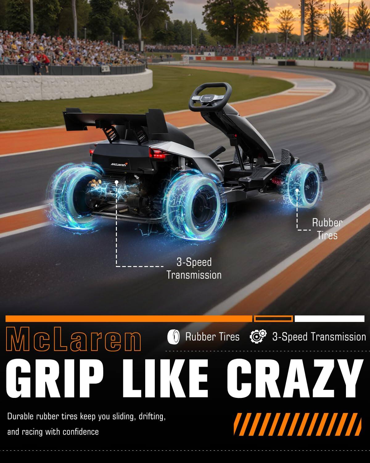McLaren  
Rubber Tires  
3-Speed Transmission  
McLaren Rubber Tires 3-Speed Transmission  
GRIP LIKE CRAZY  
Durable rubber tires keep you sliding, drifting, and racing with confidence