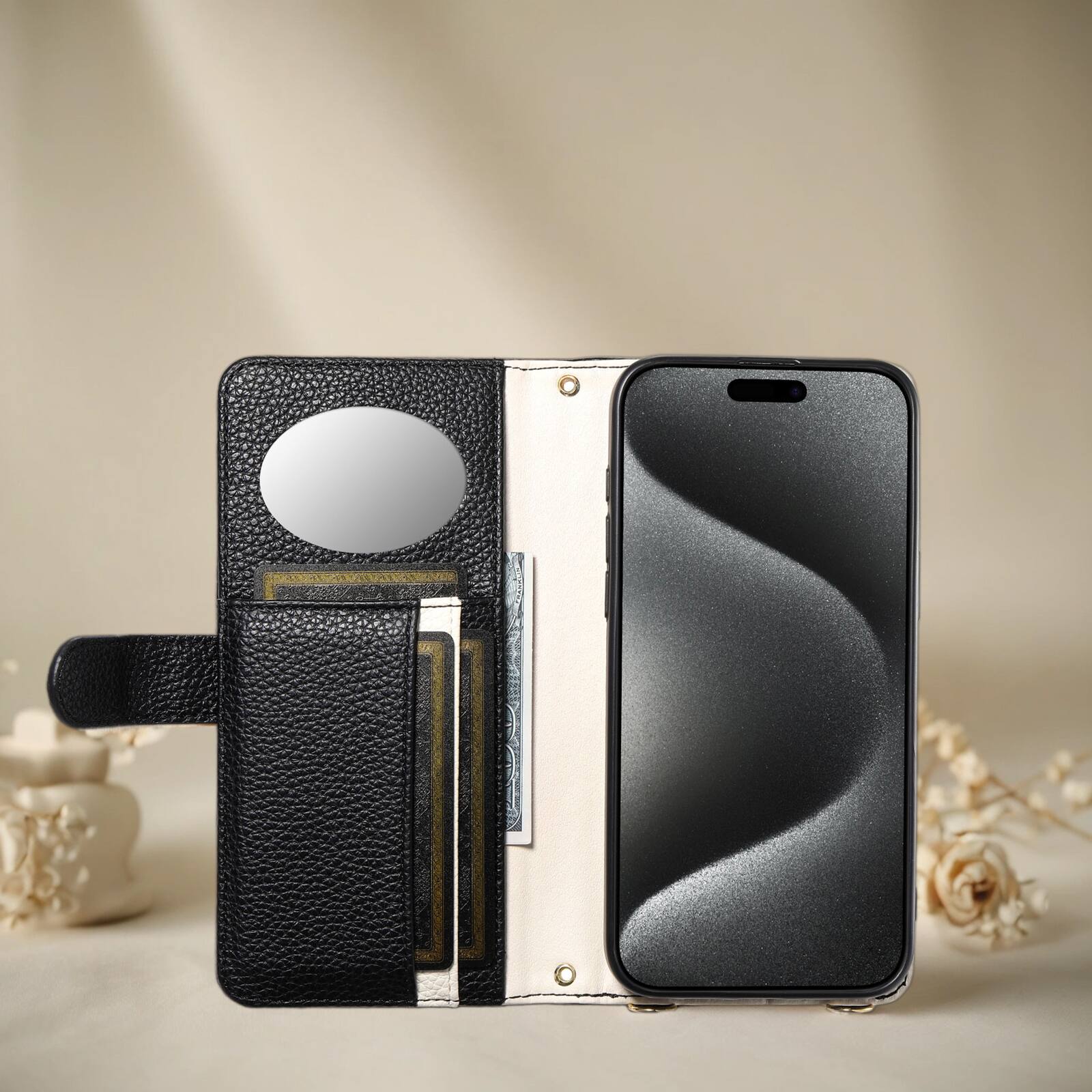 Back. Dteck - Wallet Case for Samsung Galaxy S26+ with Crossbody Strap and Wristlet, PU Leather Zipper Purse Kickstand Cover - Black.