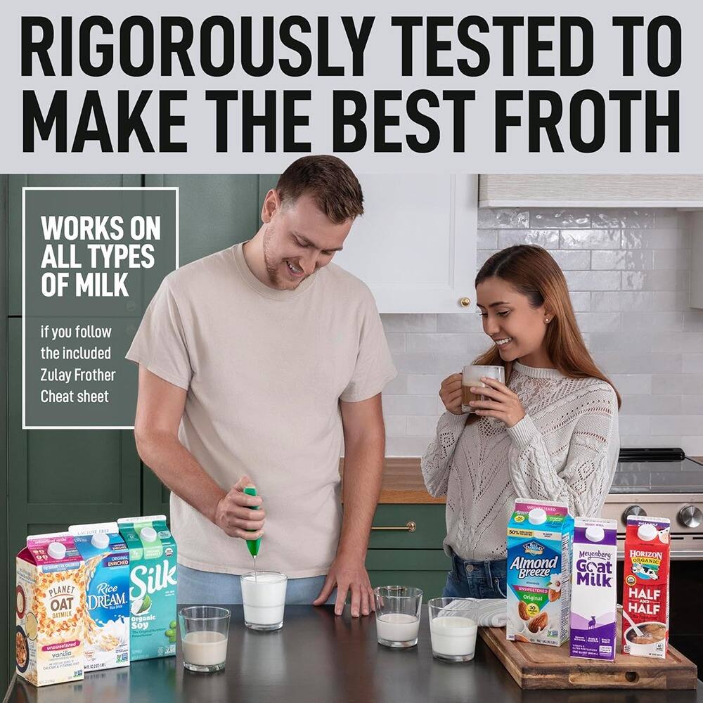 RIGOROUSLY TESTED TO MAKE THE BEST FROTH

WORKS ON ALL TYPES OF MILK

if you follow the included Zulay Frother Cheat sheet

- Planet Oat
- Rice Dream
- Silk Organic Soy
- Almond Breeze
- Meyenberg Goat Milk
- Horizon Half & Half
- Organic Breeze Goat Milk Original
- Half & Half Vanilla