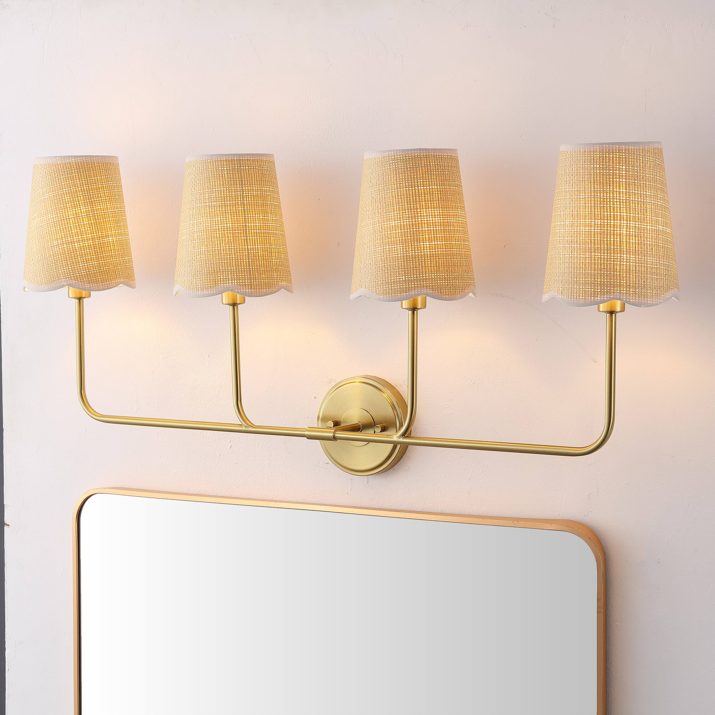 Alt View 1. Jonathan Y - Lila 36.5" 4-Light Traditional Coastal Scalloped Fabric Shade/Metal LED Vanity Light, Brass Gold/Brown - Brown/White/Brass Gold.