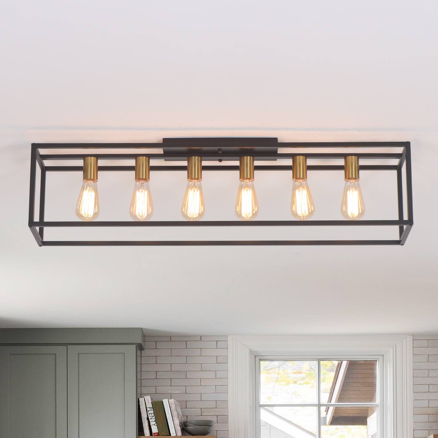 Alt View 1. Umeiluce - 6 Lights Island Ceiling Flush Mount Light Cage Farmhouse Vintagle style for Dinning Room Asile Black and Brass Finsh - Black and Brass.