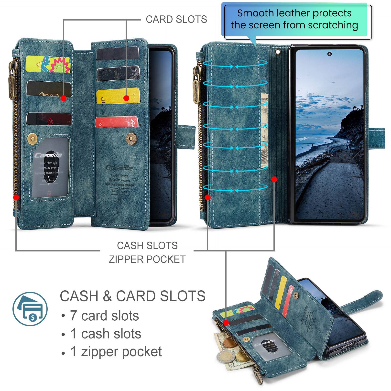 CARD SLOTS

Smooth leather protects the screen from scratching

CASH SLOTS ZIPPER POCKET

CASH & CARD SLOTS
- 7 card slots
- 1 cash slot
- 1 zipper pocket