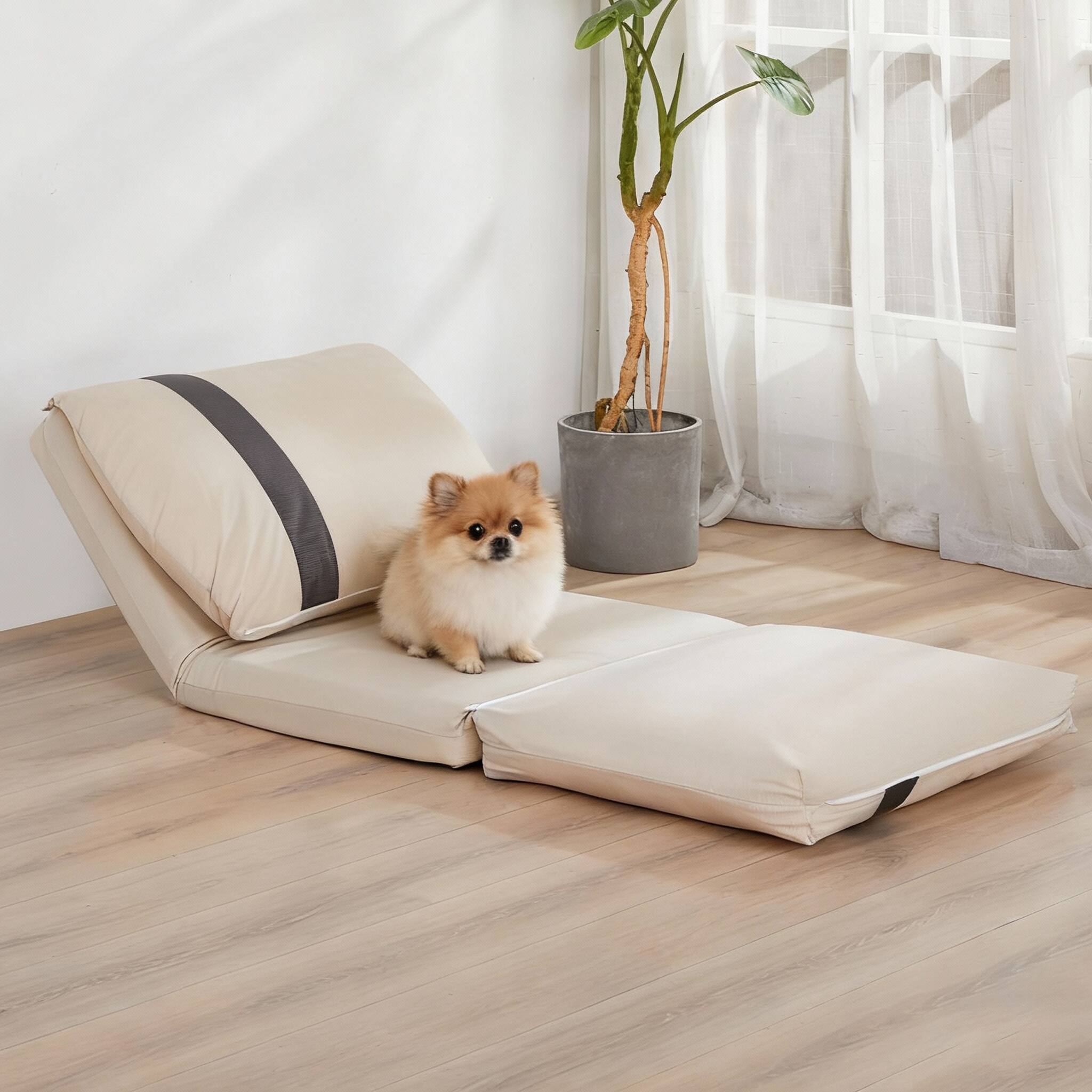 Front. Siljoy - 6‑Position Adjustable Floor Sofa Bed for Adults & Pets, 5‑Second Foldable, Corduroy Upholstery, Gray/Beige - Beige.