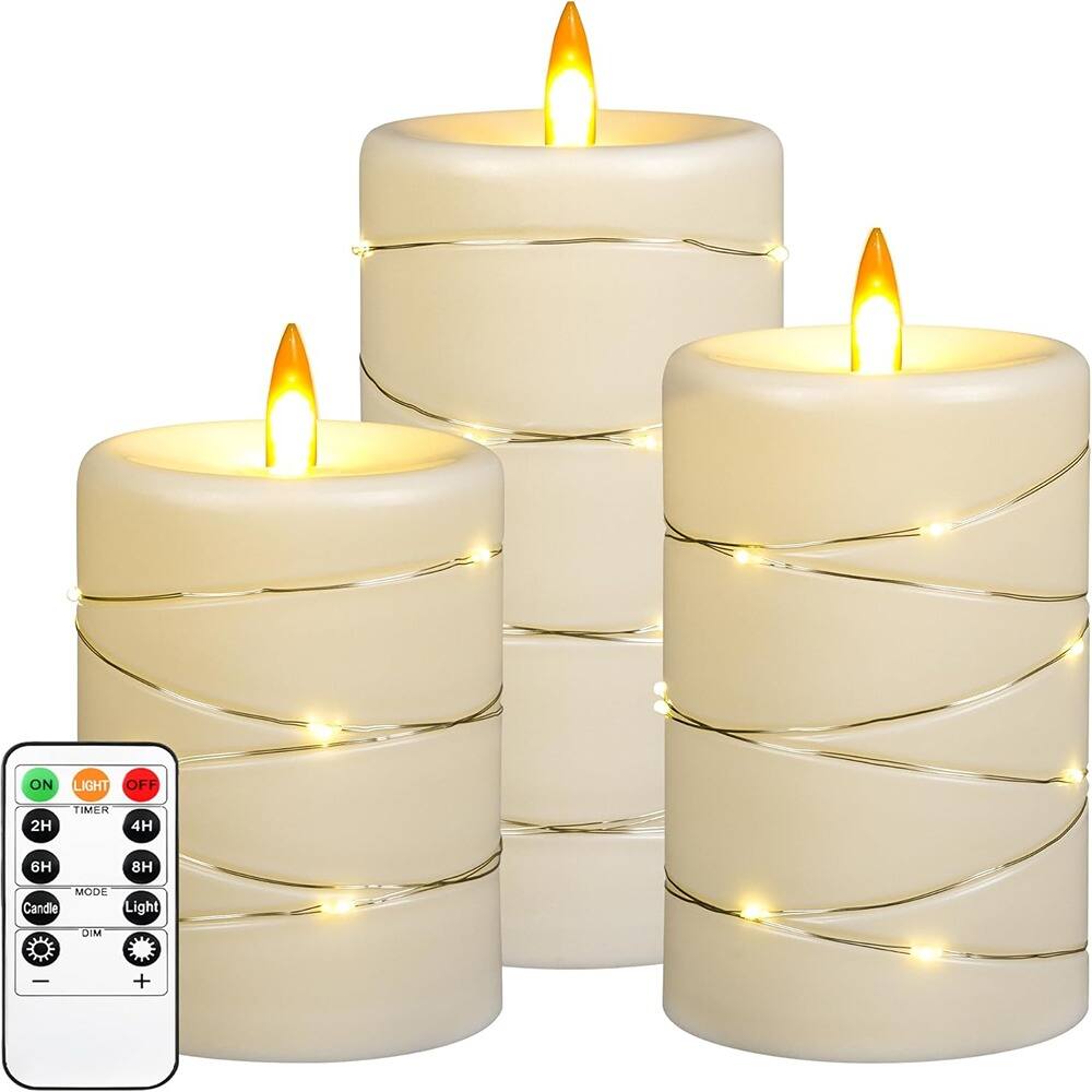 RTMB - 3-Pc Flameless LED Candles with Timer, Flickering Flame, Star String Decor