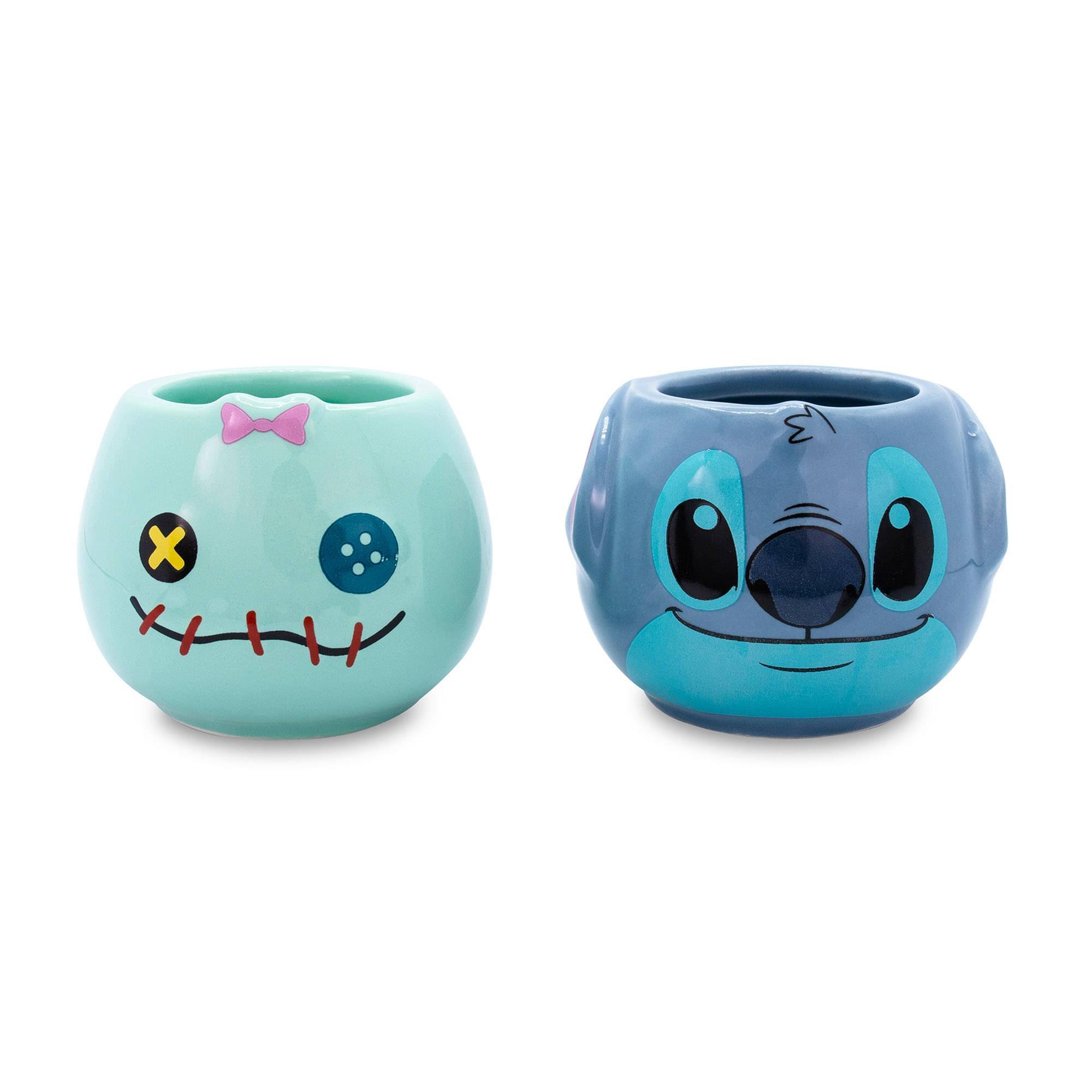 Front. Silver Buffalo - Disney Lilo & Stitch Scrump and Stitch Sculpted Ceramic Mini Mugs | Set of 2 - Blue.