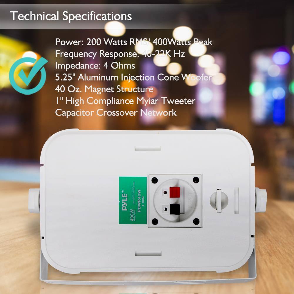 Technical Specifications

Power: 200 Watts RMS / 400 Watts Peak  
Frequency Response: 40-22K Hz  
Impedance: 4 Ohms  
5.25" Aluminum Injection Cone Woofer  
40 Oz. Magnet Structure  
1" High Compliance Mylar Tweeter  
Capacitor Crossover Network  

PYLE  
400W  
PWR40W CHM