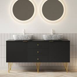 Boyel Living - 60 Bathroom Vanity with 3 Drawers 2 Doors 2 White Marble Pattern Ceramic Vessel Basins Sintered Stone Black - Black,Stone Gray