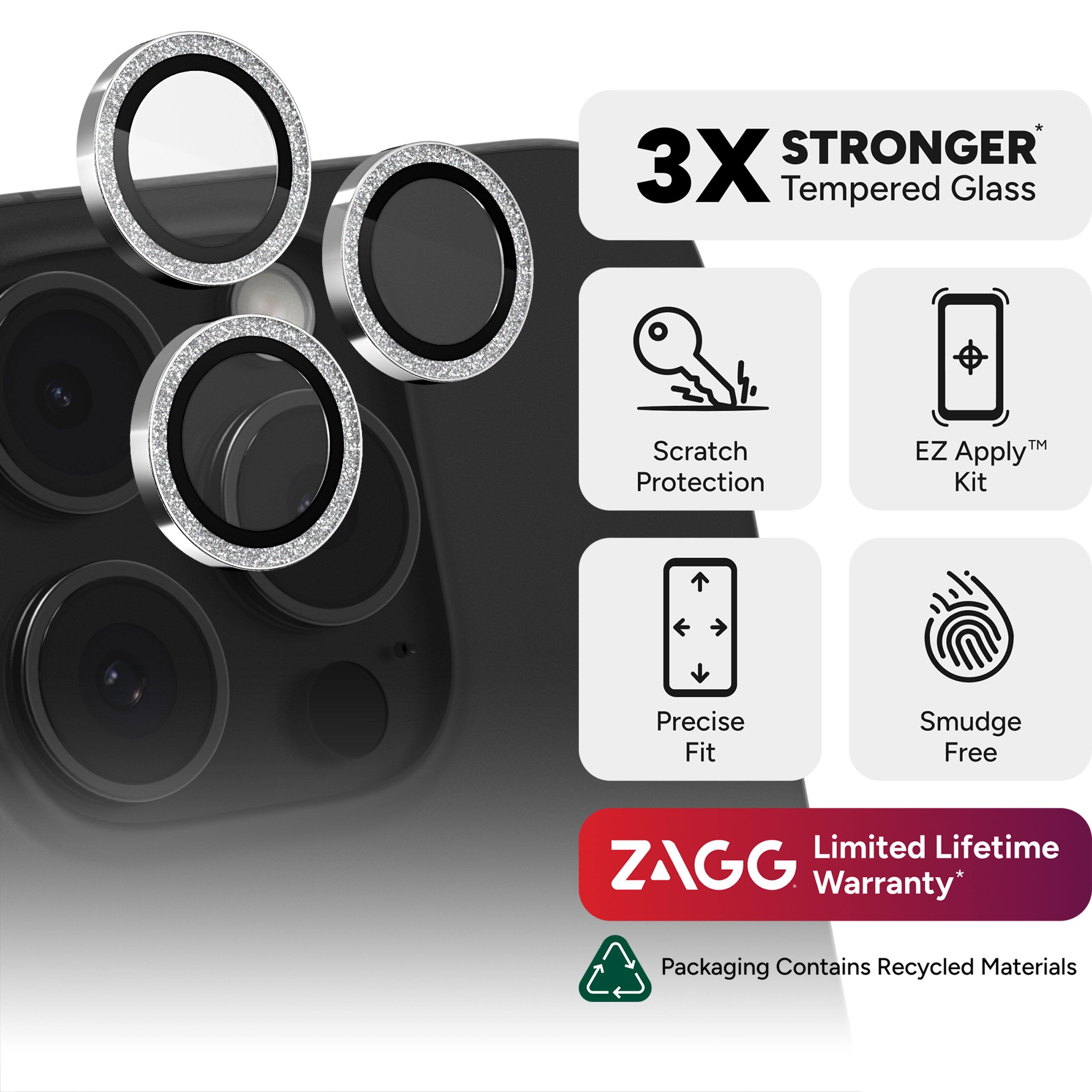 The text on the image is grouped and corrected as follows:

3X Stronger Tempered Glass Scratch Protection EZ Apply Kit Precise Fit Smudge Free Limited Lifetime ZAGG Warranty Packaging Contains Recycled Materials
