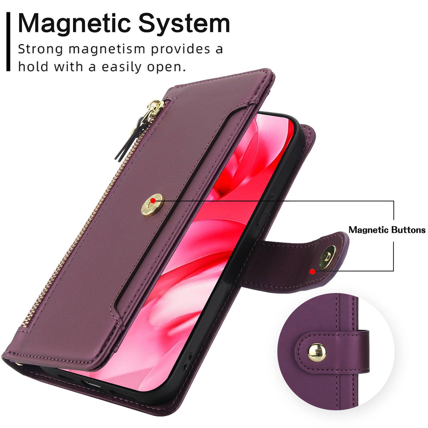 Magnetic System  
Strong magnetism provides a hold with a easily open.  
Magnetic Buttons