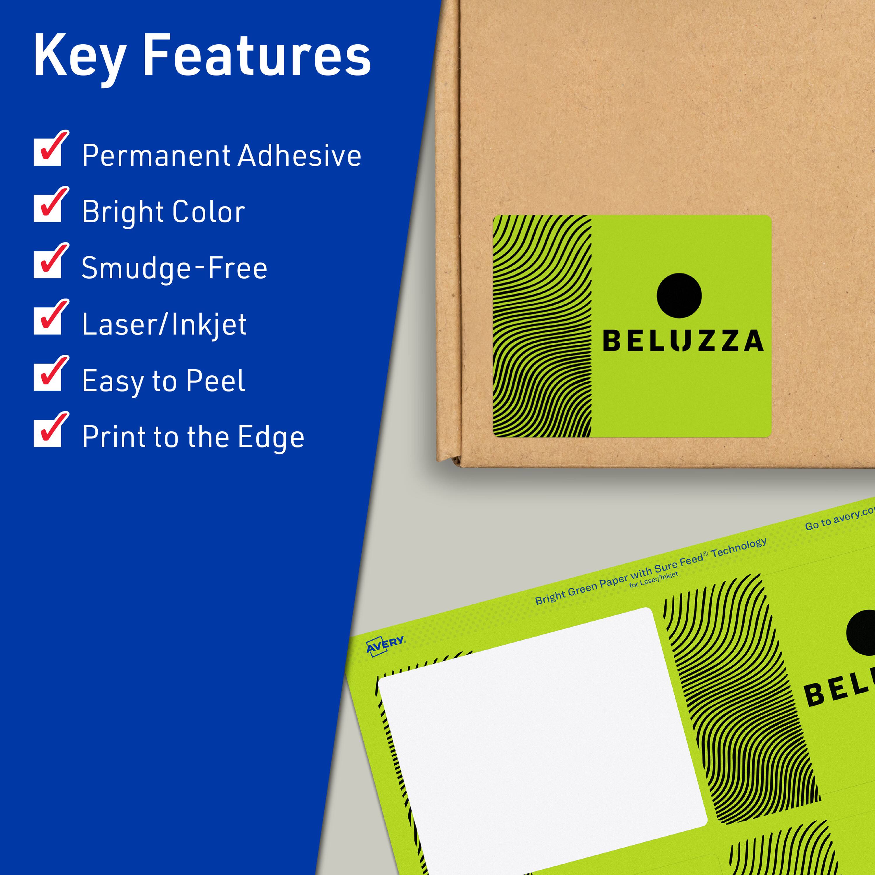 Key Features  
- Permanent Adhesive  
- Bright Color  
- Smudge-Free  
- Laser/Inkjet  
- Easy to Peel  
- Print to the Edge  

BELUZZA Feed Technology with Sure Paper  

Bright Green Paper with Sure Feed™ Technology  

Go to avery.com  

AVERY