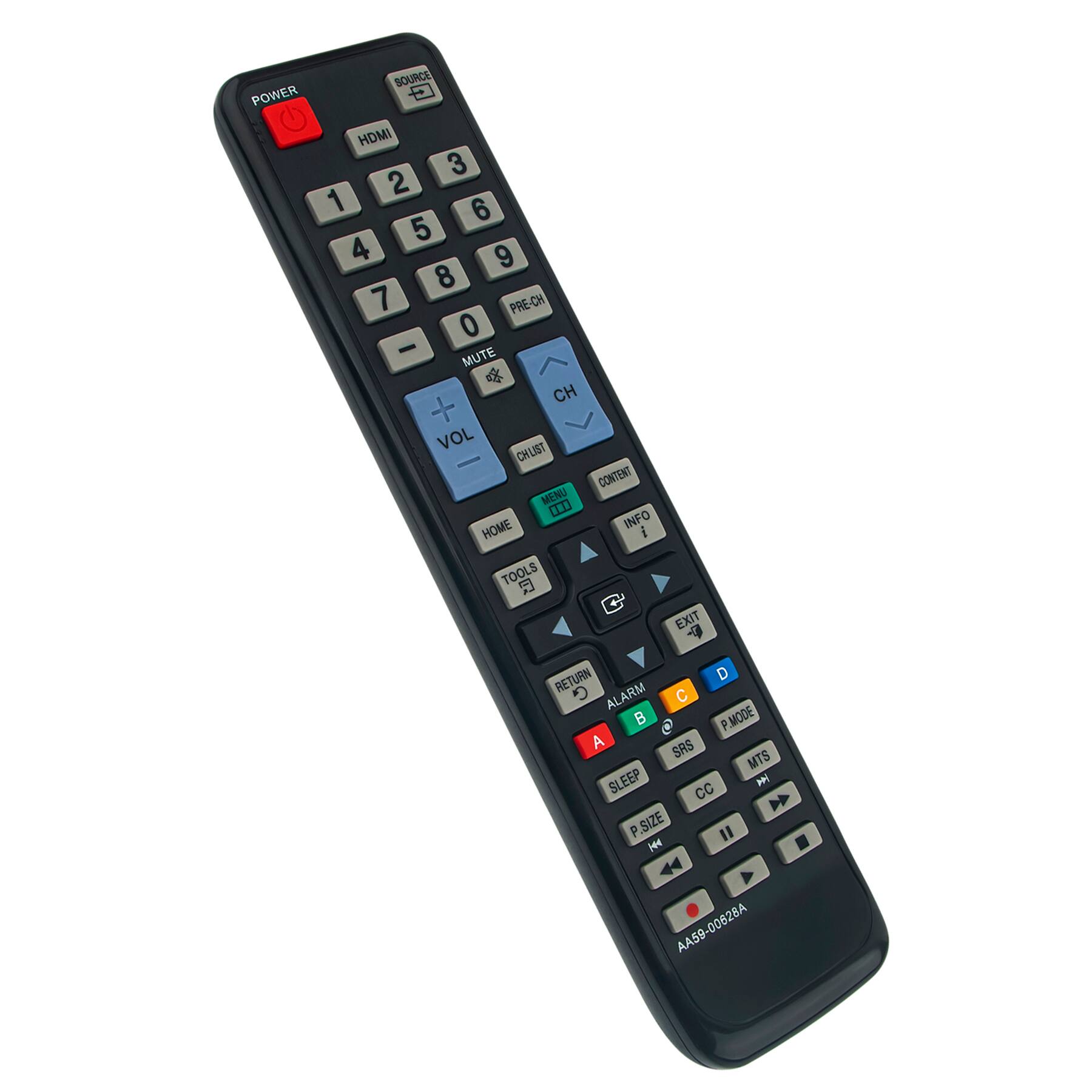 POWER SOURCE HDMI 1 2 3 4 5 6 7 8 9 0 PRE-CH MUTE CH VOL CHLIST CONTENT MENU HOME INFO TOOLS EXIT RETURN D G ALARM C B P MODE A SRS MTS SLEEP P CC P SIZE AA59-00628A