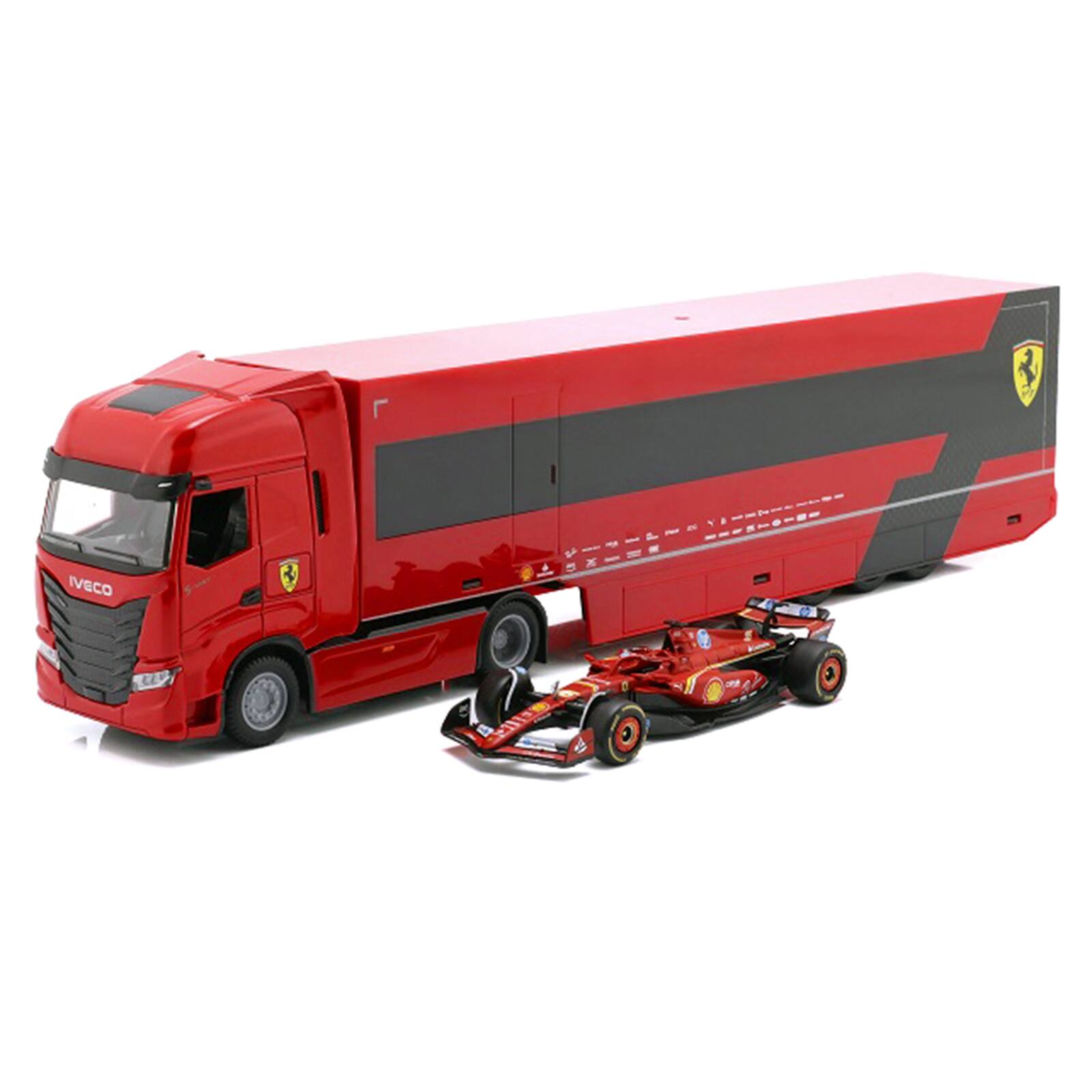 Alt View 3. Bburago - Iveco S-Way 570 Car Transporter Red and Ferrari SF-24 #16 F1 World Championship (2024) 1/43 Diecast Model Car by Bburago.