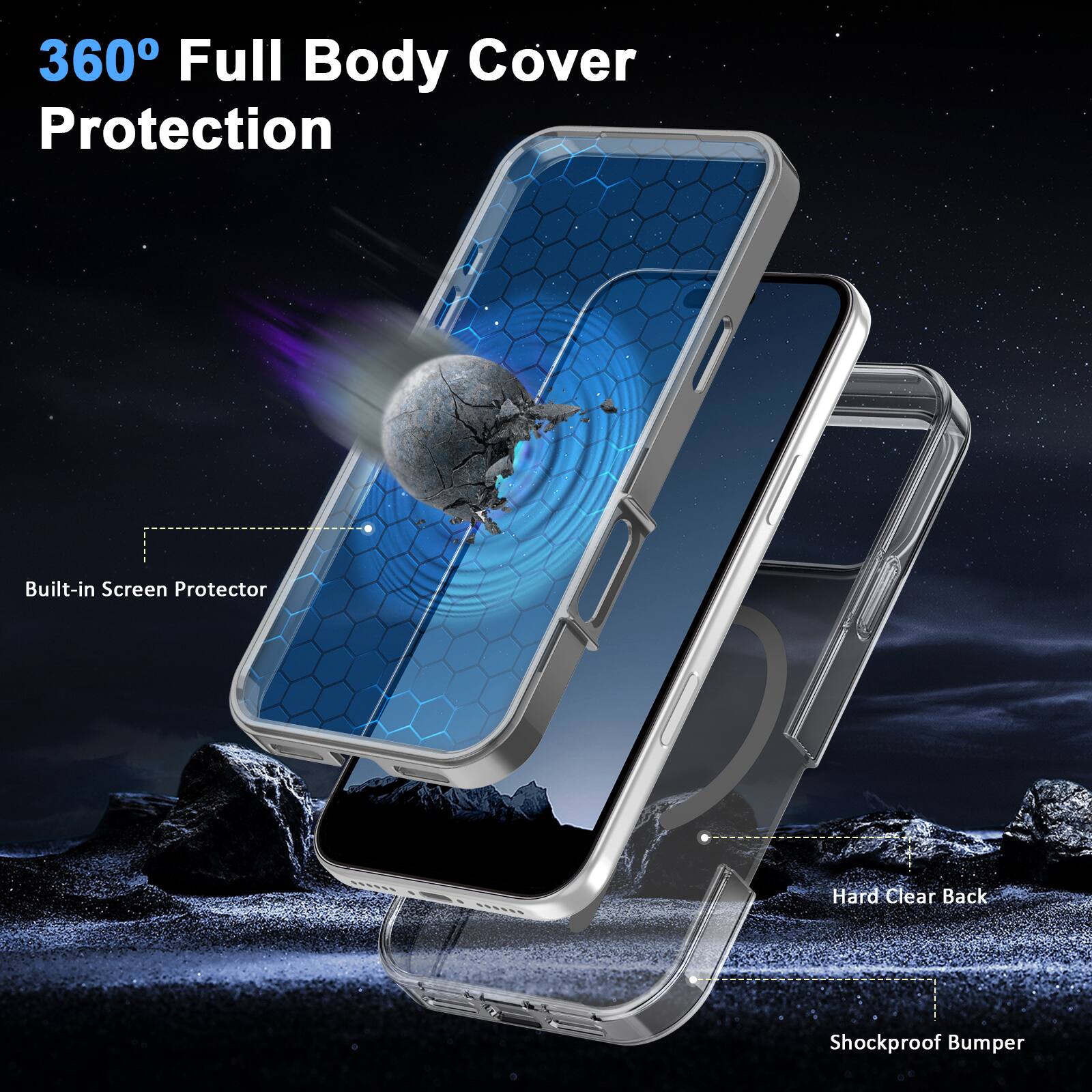 360° Full Body Cover Protection

- Built-in Screen Protector
- Hard Clear Back
- Shockproof Bumper