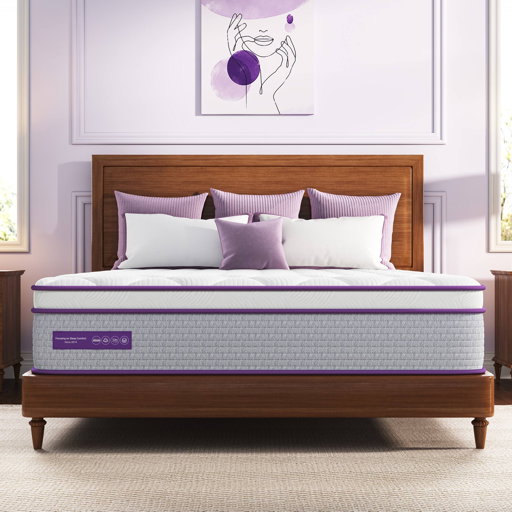 Sersper - 14 in. Medium Firm Hybrid Individually Pocketed Springs King Size Breathable Mattress - Purple&White