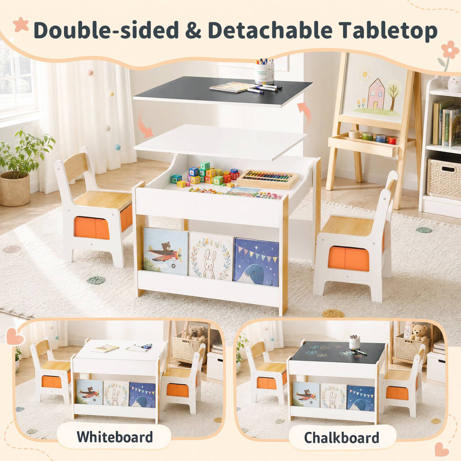 Double-sided & Detachable Tabletop

Whiteboard

Chalkboard