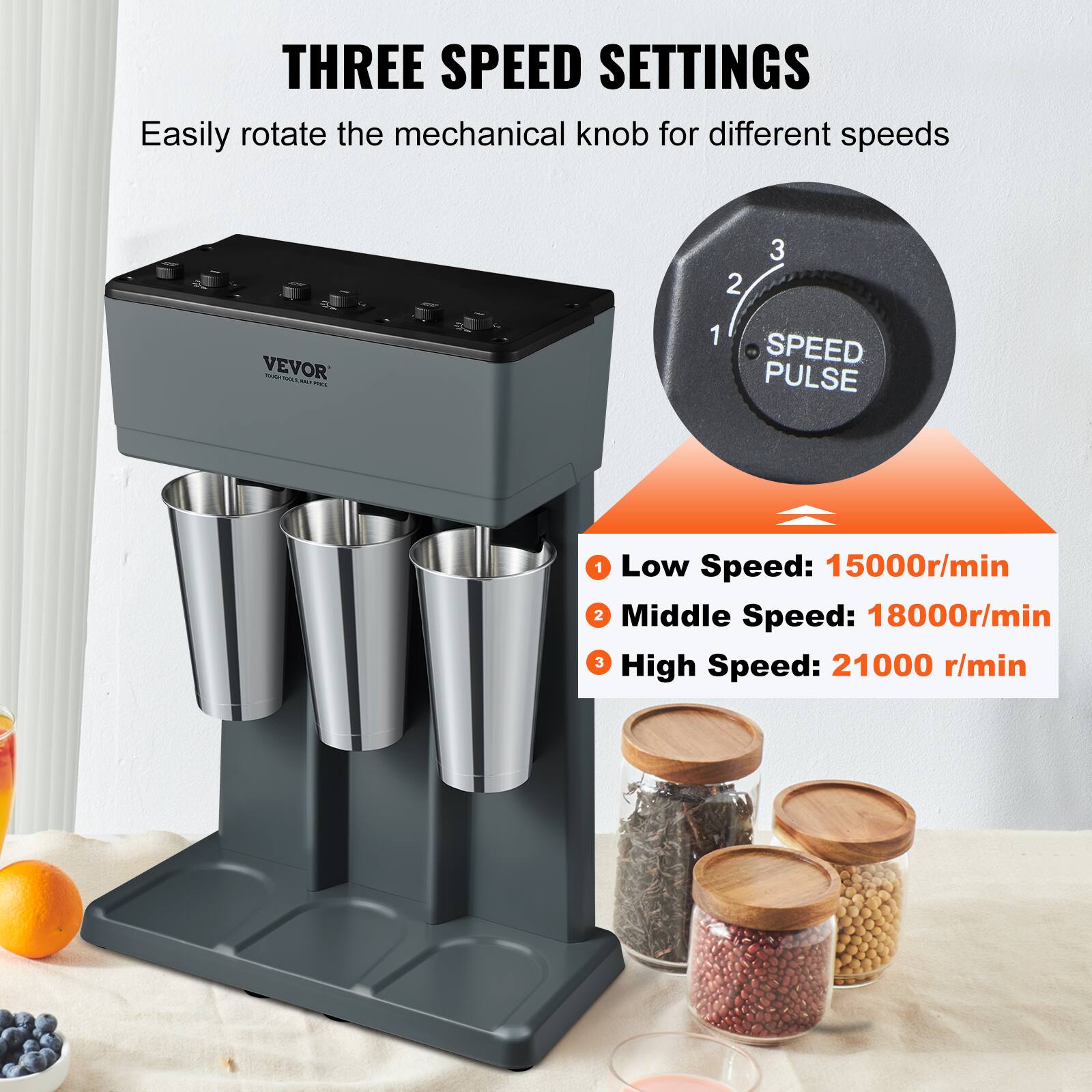 THREE SPEED SETTINGS  
Easily rotate the mechanical knob for different speeds

1 Low Speed: 15000r/min  
2 Middle Speed: 18000r/min  
3 High Speed: 21000 r/min