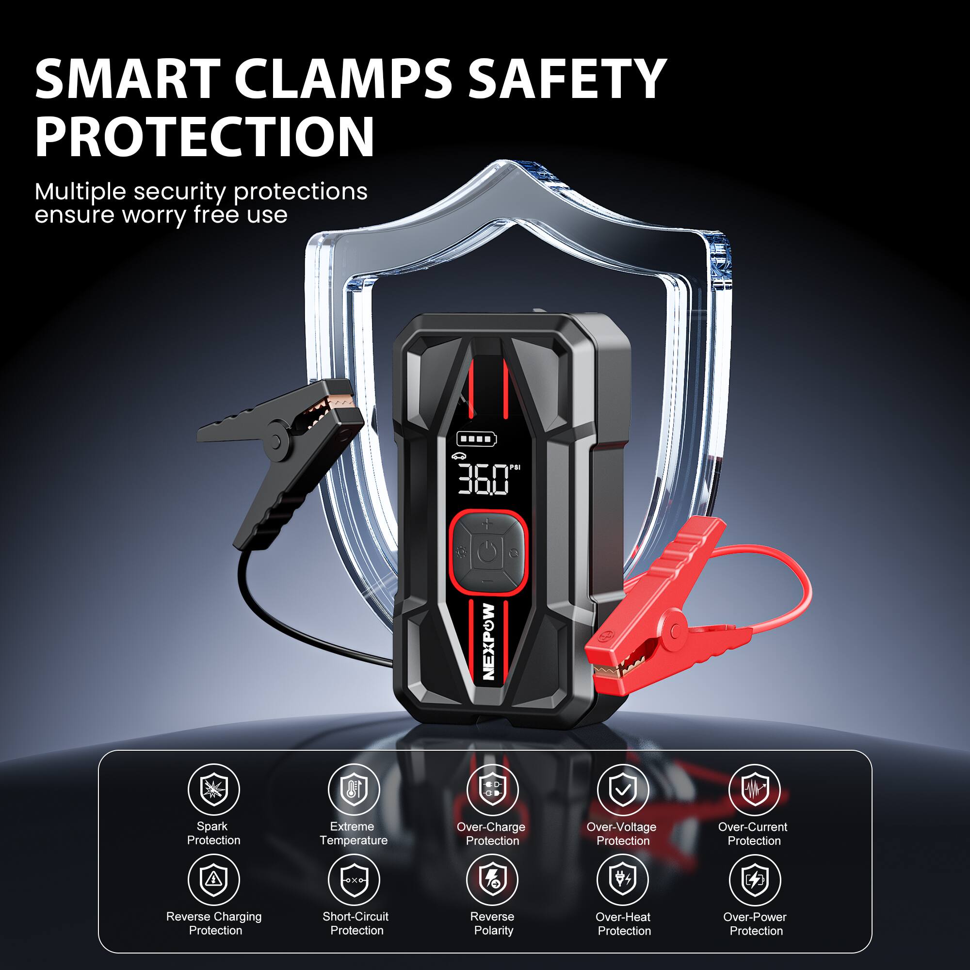SMART CLAMPS SAFETY PROTECTION  
Multiple security protections ensure worry free use.  

360° NEXPOW  
Spark Protection  
Extreme Temperature  
Over-Charge Protection  
Over-Voltage Protection  
Over-Current Protection  
Reverse Charging Protection  
Short-Circuit Protection  
Reverse Polarity  
Over-Heat Protection  
Over-Power Protection