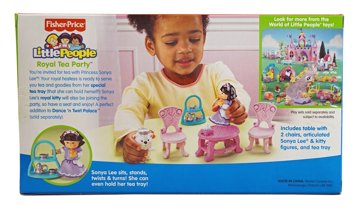 Fisher-Price  
Little People  
Royal Tea Party™  

You're invited for tea with Princess Sonya Lee! Your royal hostess is ready to serve you tea and goodies from her special tea tray (that she can hold herself!) Sonya Lee's royal kitty will also be joining the party, so have a seat and enjoy! A perfect addition to Dance 'n Twirl Palace™ (sold separately).  

Includes table with 2 chairs, articulated Sonya Lee® & kitty figures, and tea tray  

Sonya Lee sits, stands, twists & turns! She can even hold her tea tray!  

Look for more from the World of Little People™ toys!  

Play sets sold separately and subject to availability.  

MADE IN CHINA. Mattel Canada Inc., Mississauga, Ontario L5R 3W2.
