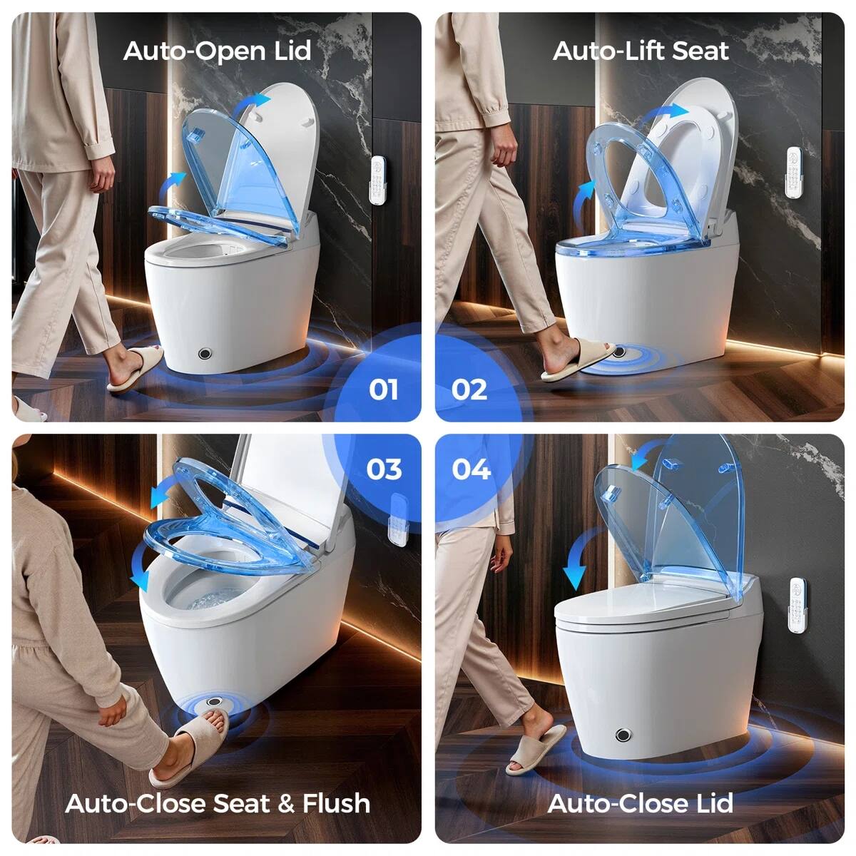 Auto-Open Lid  
Auto-Lift Seat  
Auto-Close Seat & Flush  
Auto-Close Lid
