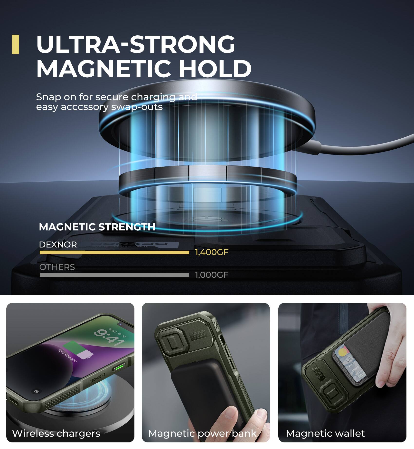 ULTRA-STRONG MAGNETIC HOLD  
Snap on for secure charging and easy accessory swap-outs  

MAGNETIC STRENGTH  
DEXNOR 1,400GF  
OTHERS 1,000GF  

9:41  
8P% Charged  

Wireless chargers  
Magnetic power bank  
Magnetic wallet