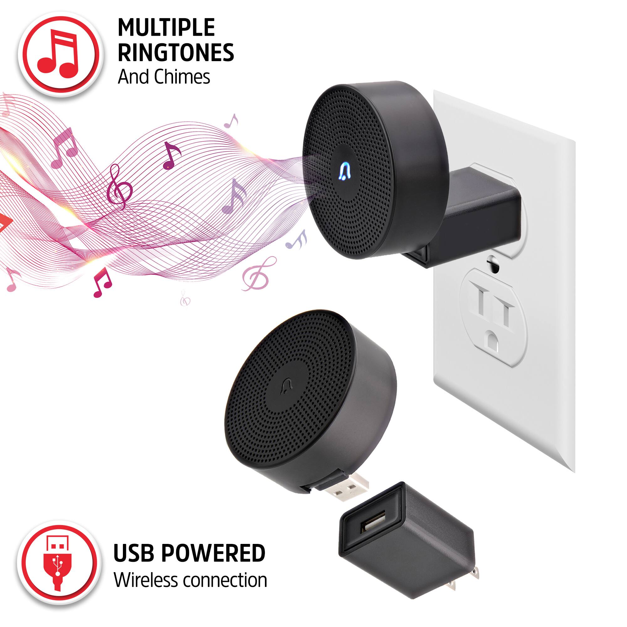 MULTIPLE RINGTONES  
And Chimes

USB POWERED  
Wireless connection