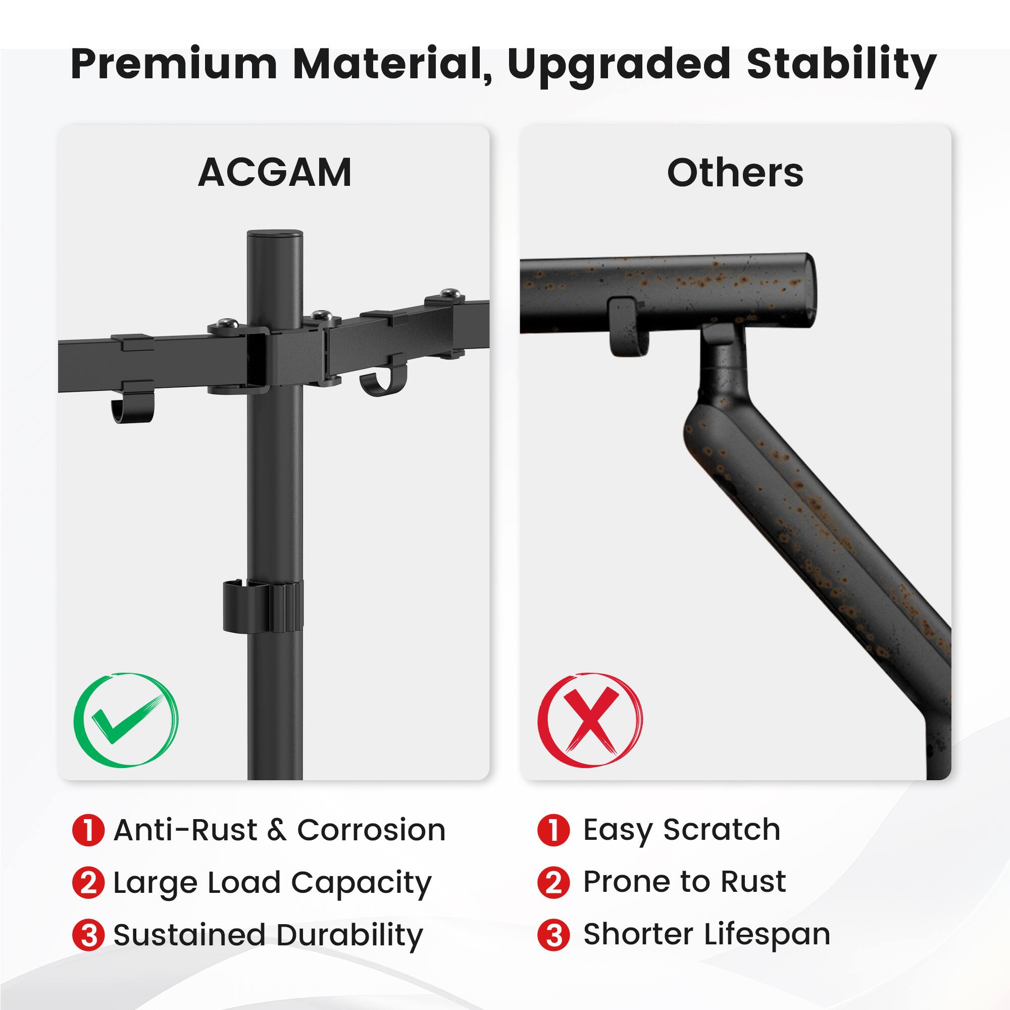 Premium Material, Upgraded Stability ACGAM Others X 1 Anti-Rust & Corrosion 2 Large Load Capacity 3 Sustained Durability 1 Easy Scratch 2 Prone to Rust 3 Shorter Lifespan