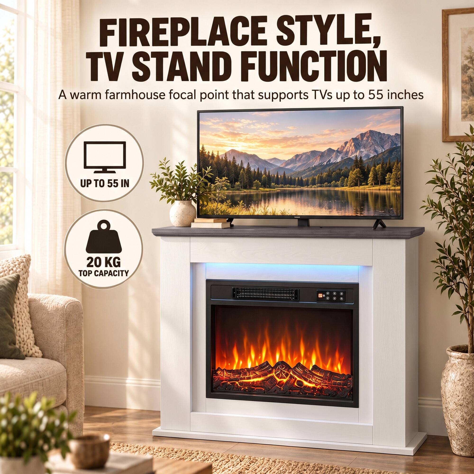 FIREPLACE STYLE, TV STAND FUNCTION  
A warm farmhouse focal point that supports TVs up to 55 inches  
UP TO 55 IN  
20 KG TOP CAPACITY