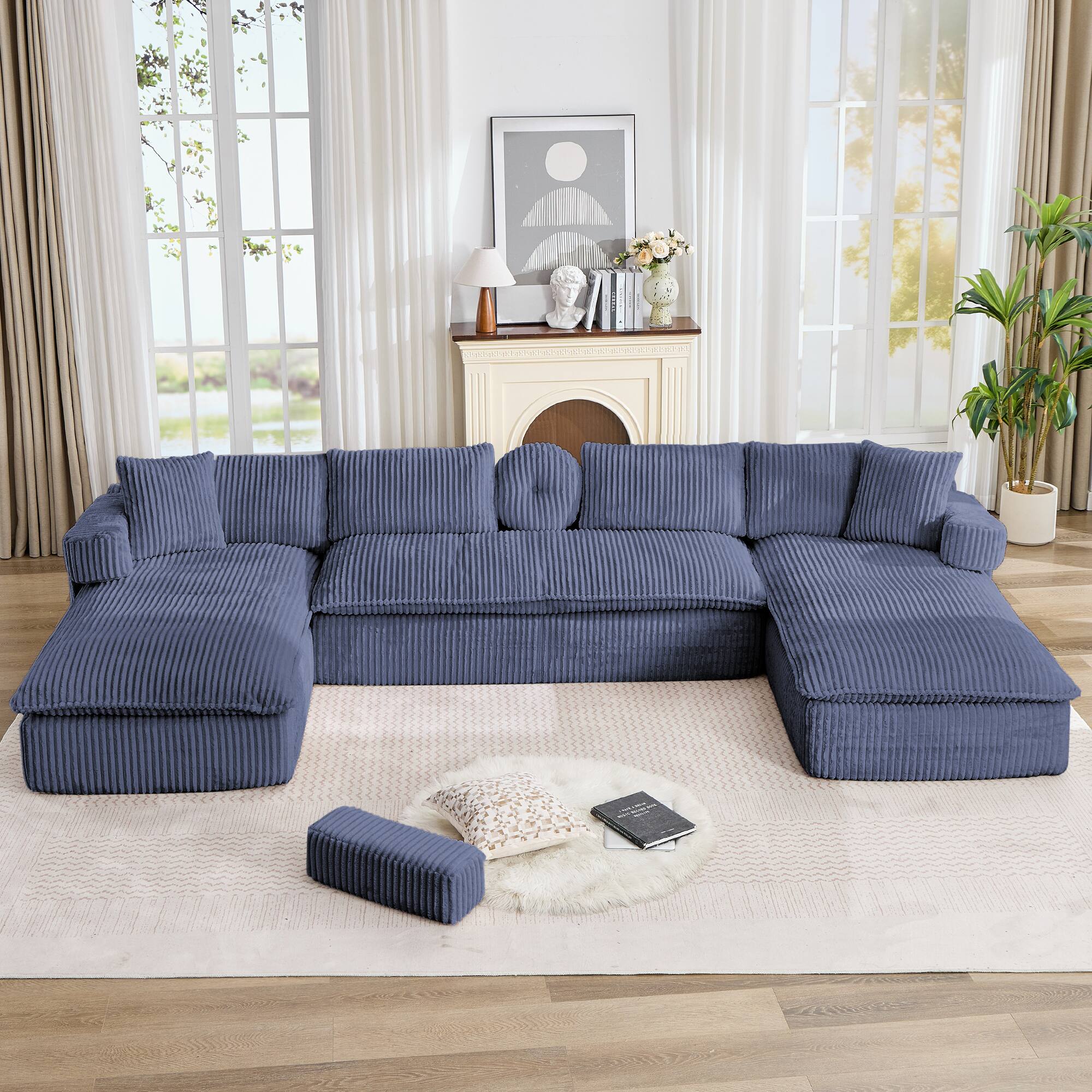 Angle. Anysun - 149" Oversized U-Shaped Sectional Sofa – Deep Seat, Side Pocket, Movable Armrests, Corduroy – No Assembly Required - Blue.