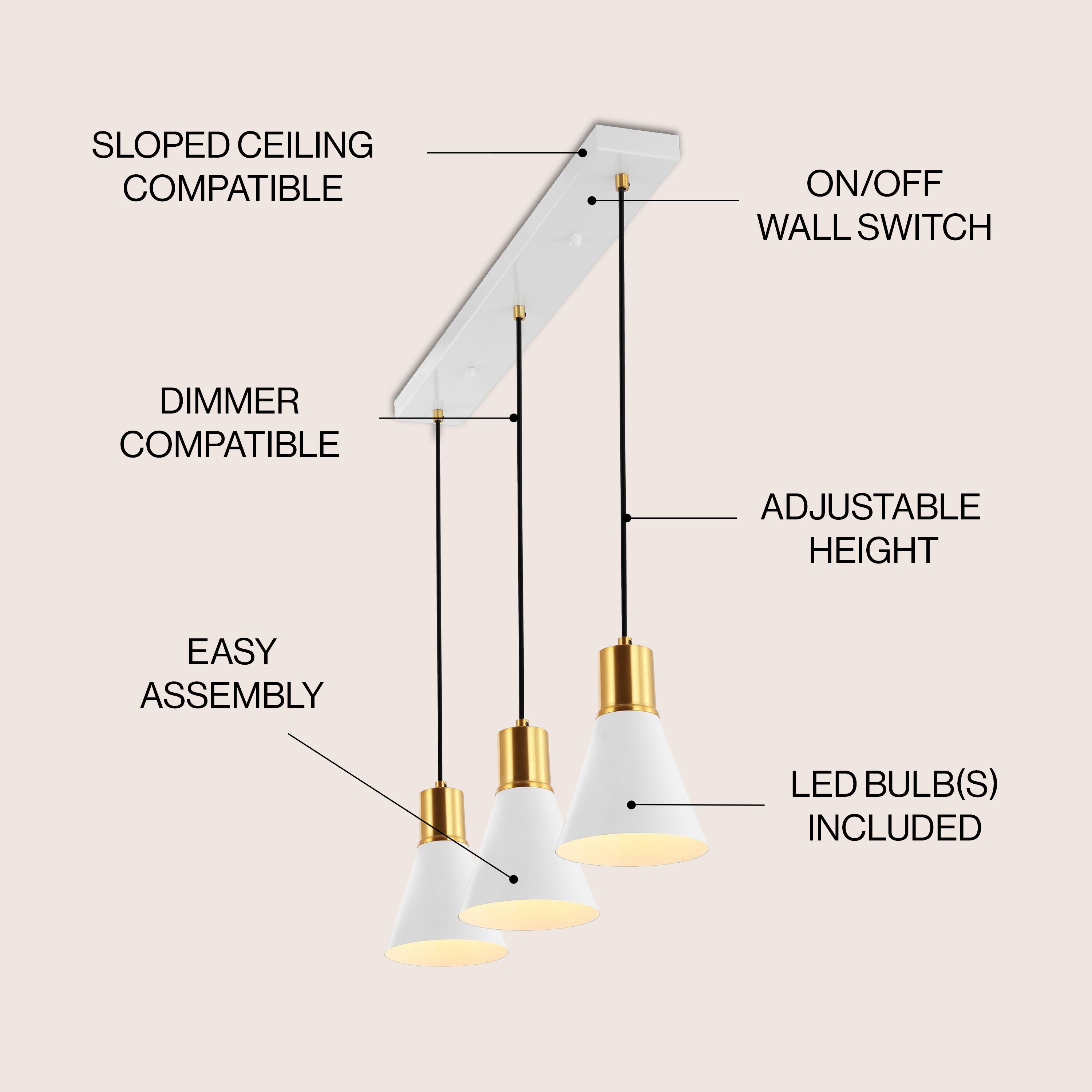 SLOPED CEILING COMPATIBLE  
ON/OFF WALL SWITCH  
DIMMER COMPATIBLE  
ADJUSTABLE HEIGHT  
EASY ASSEMBLY  
LED BULB(S) INCLUDED