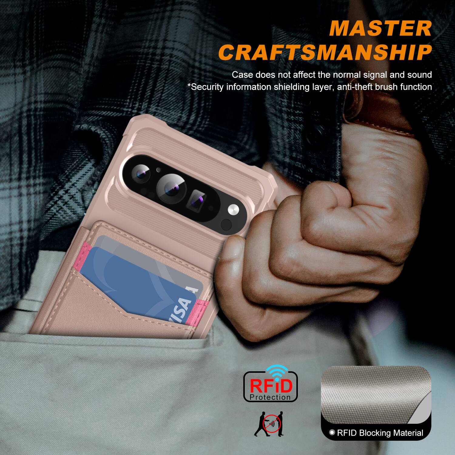 MASTER CRAFTSMANSHIP  
Case does not affect the normal signal and sound  
*Security information shielding layer, anti-theft brush function  
ISA RFID Protection  
RFID Blocking Material