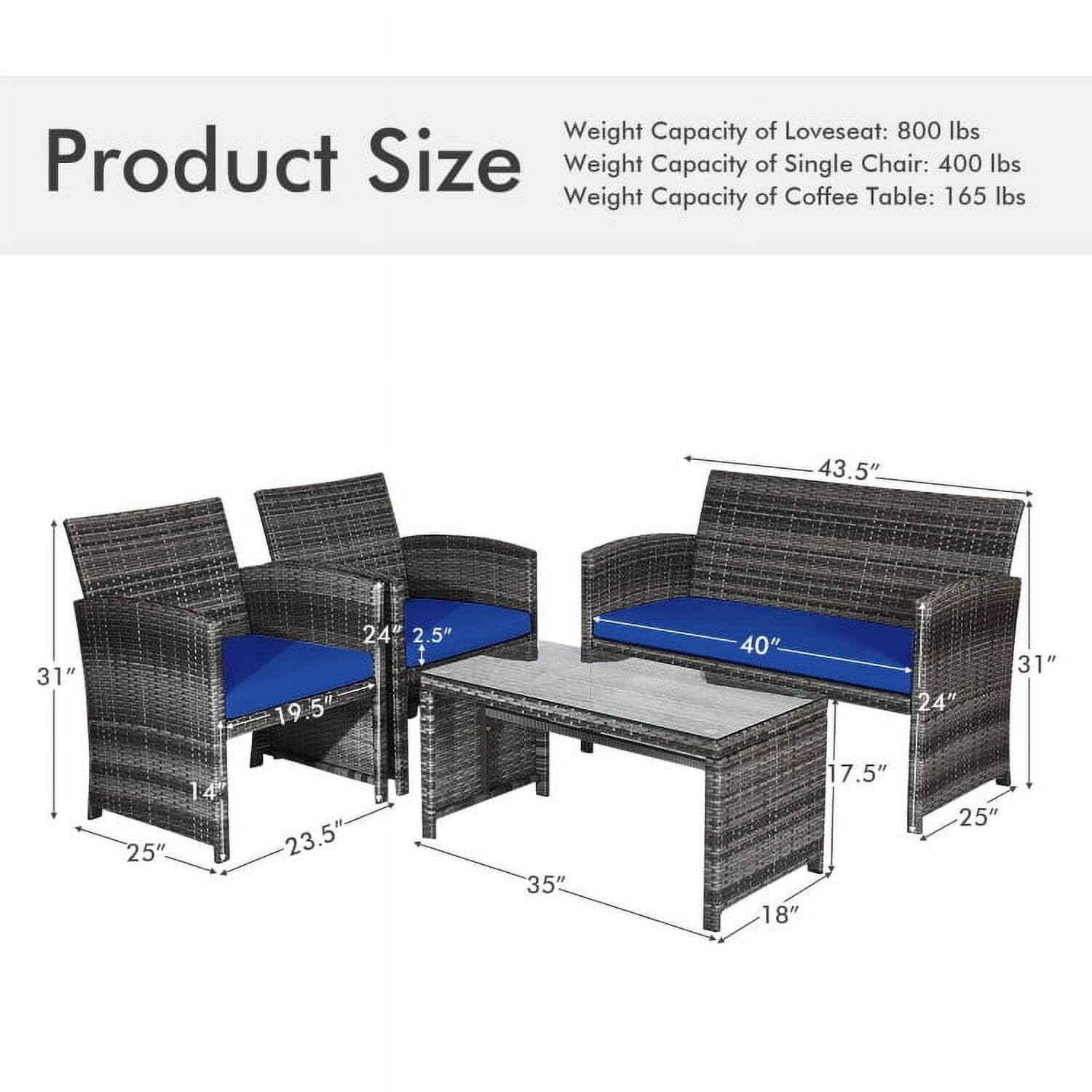 Weight Capacity of Loveseat: 800 lbs  
Weight Capacity of Single Chair: 400 lbs  
Weight Capacity of Coffee Table: 165 lbs  

Product Size  
43.5" x 31" x 24" x 2.5"  
19.5" x 19" x 40" x 24" x 31" x 25" x 14" x 23.5" x 35" x 17.5" x 18" x 25"