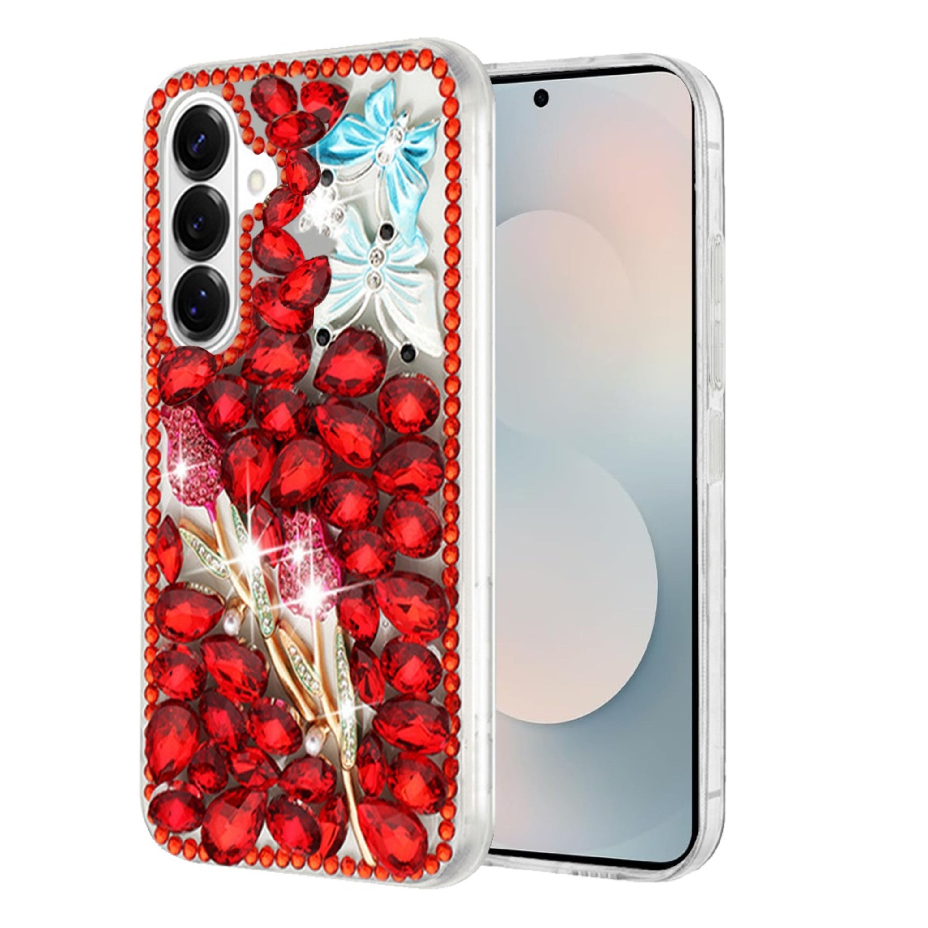 Kitcheniva - Full Diamond Bling 3D Jewel Ornaments Design Phone Case With Tempered Glass For Samsung S26 Garden - Red price history on PriceWatchPro