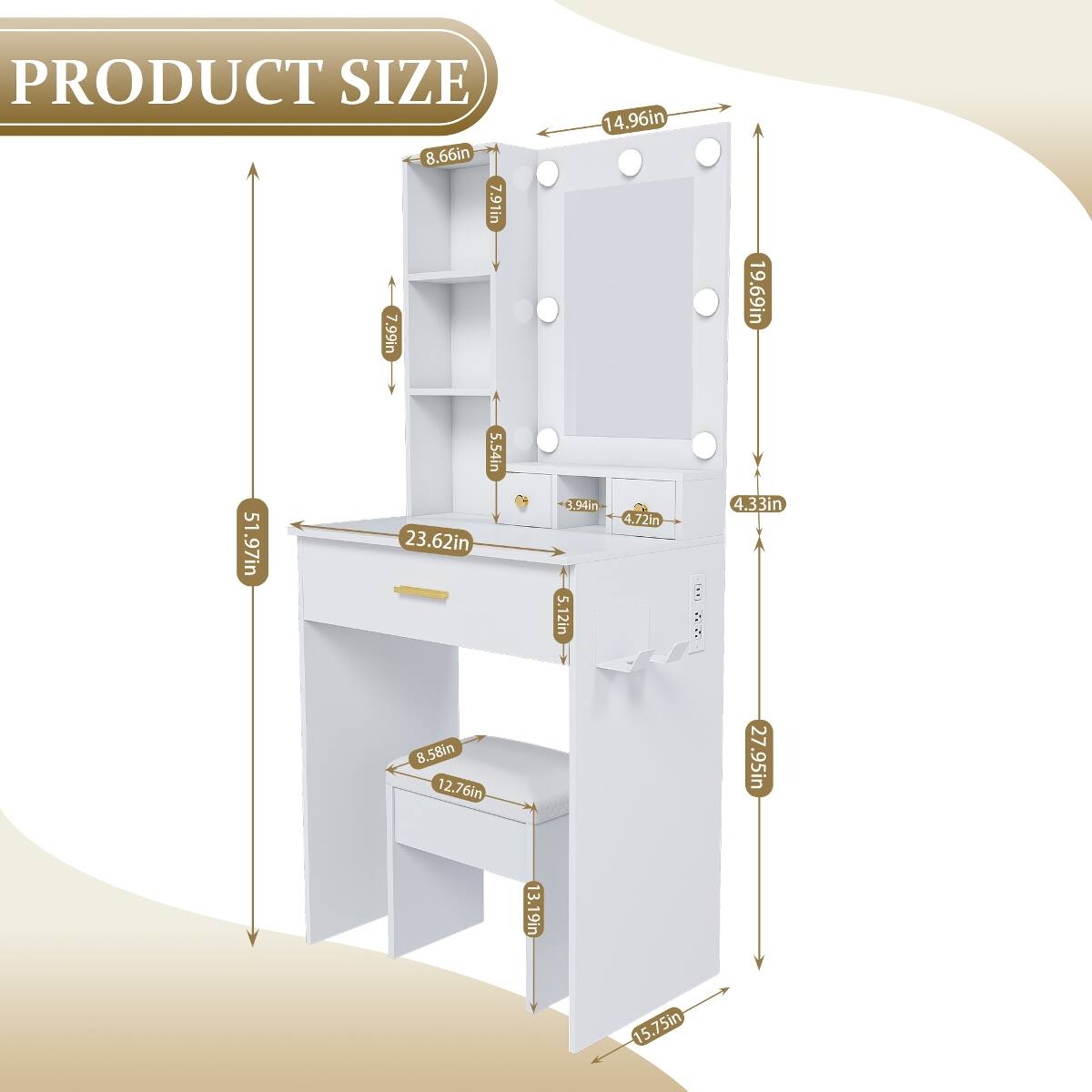 PRODUCT SIZE  
8.66in  
7.91in  
7.99in  
5.54in  
51.97in  
23.62in  
8.58in  
12.76in  
13.19in  
14.96in  
94in  
4.72in  
5.12in  
15.75in  
19.69in  
4.33in  
27.95in
