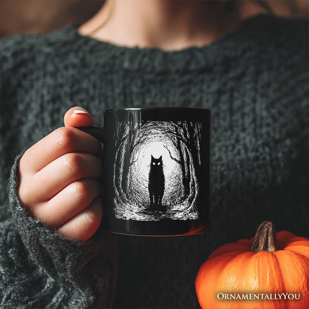 Left. OrnamentallyYou - Haunted Forest Black Cat Mug, Spooky Halloween Night Gift - Black.