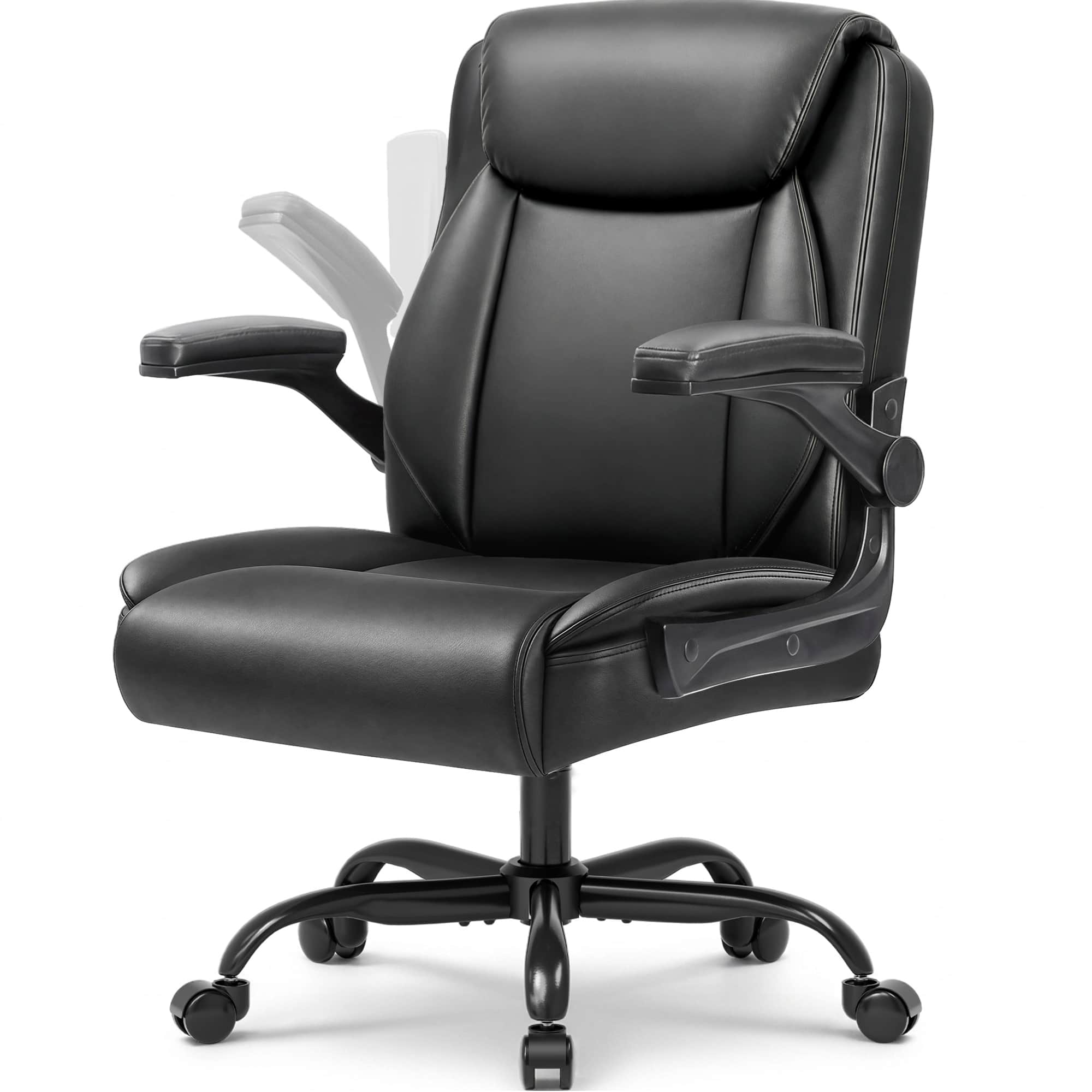 Front. Celtoss - Ergonomic Executive Office Chair, Faux Leather Mid-Back Computer Chair with Quilted Backrest, Flip-Up Arms & Swivel Base - 1. Jet Black.