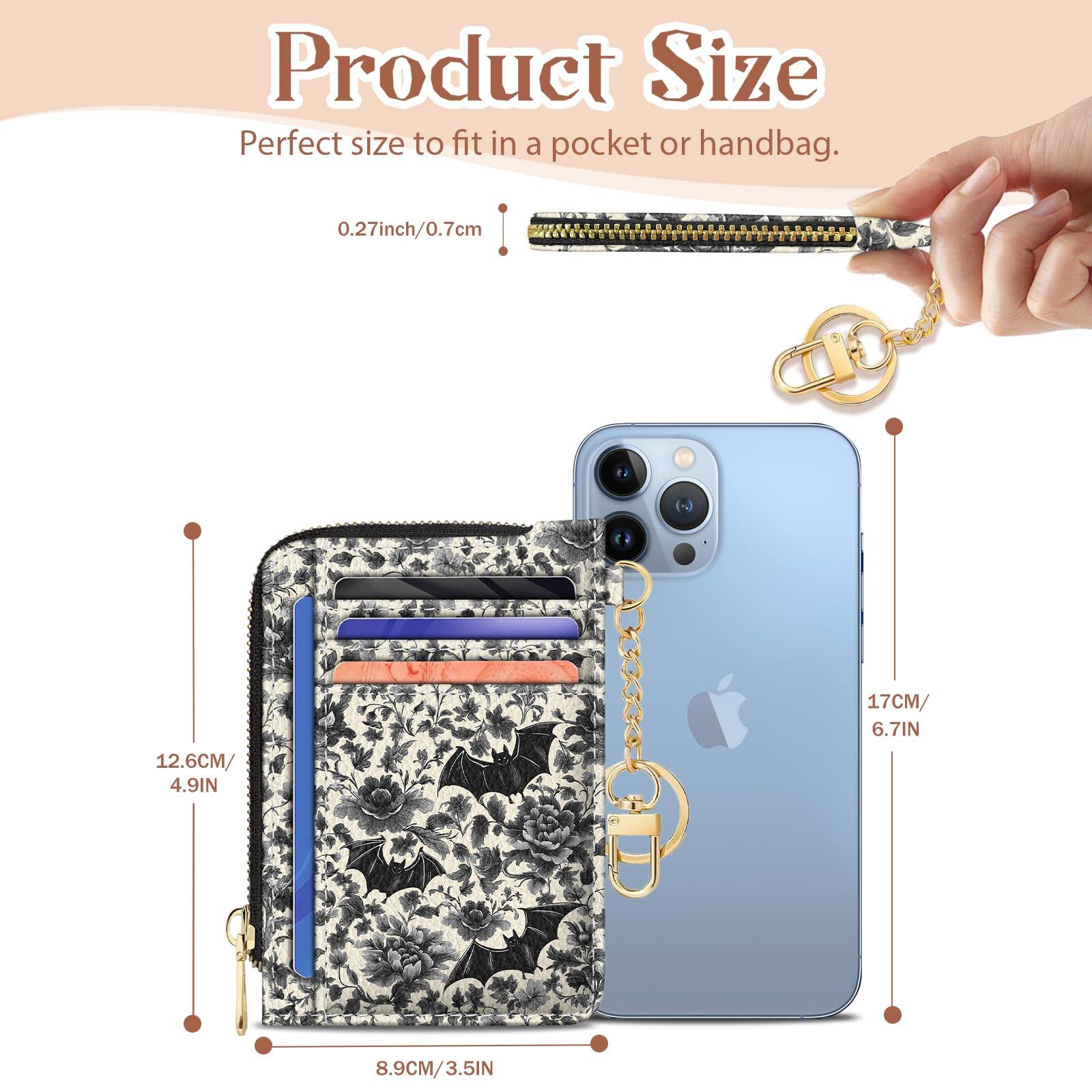 Alt View 3. Jadie Link - Slim Wallet Credit Card Holder Women Goth Bat Rfid Blocking Small Case Keychain Thin Pocket Curved Zipper Travel Leather - Black Cat Book.