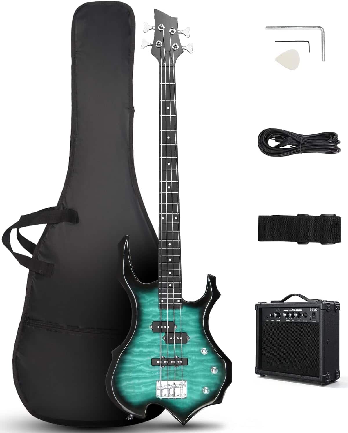 Winado - Electric Bass Guitar Full Size Flame Design Bass Guitar Kit,Full Equipment with 20 Watt Amplifier, Portable Bass Ba - Green
