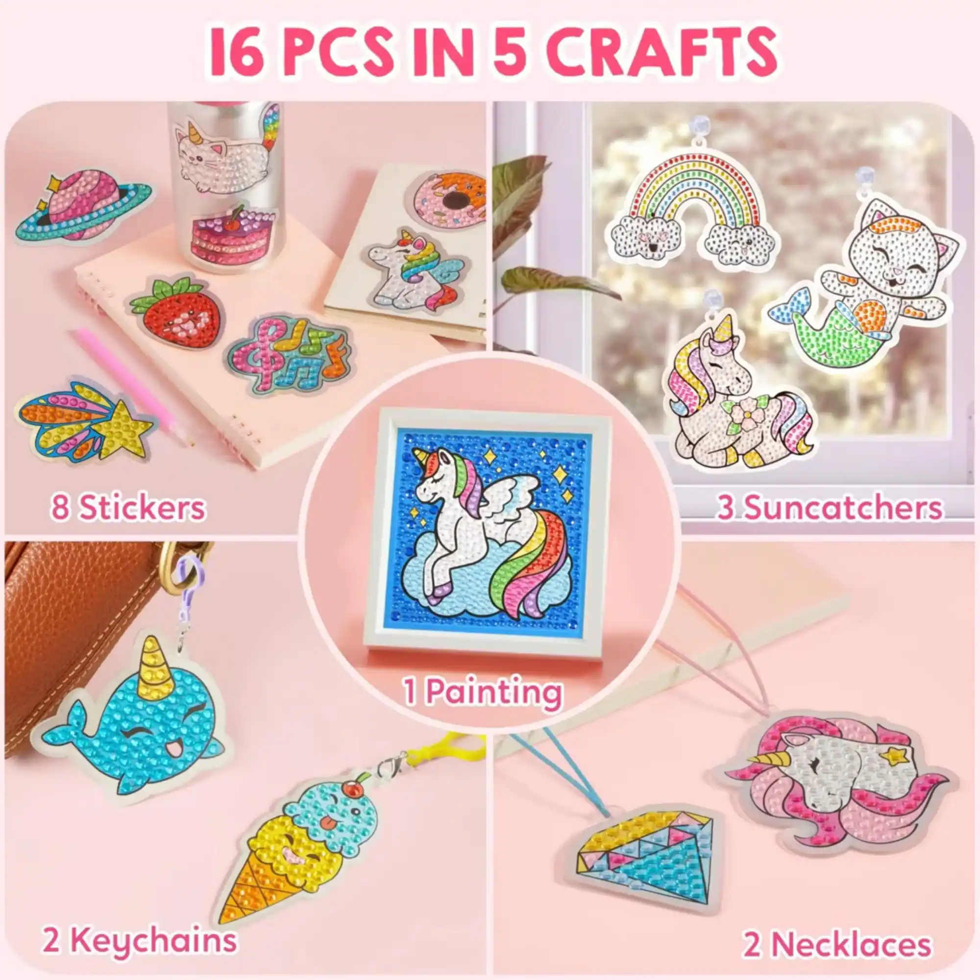 16 PCS IN 5 CRAFTS

8 Stickers
3 Suncatchers
1 Painting
2 Keychains
2 Necklaces