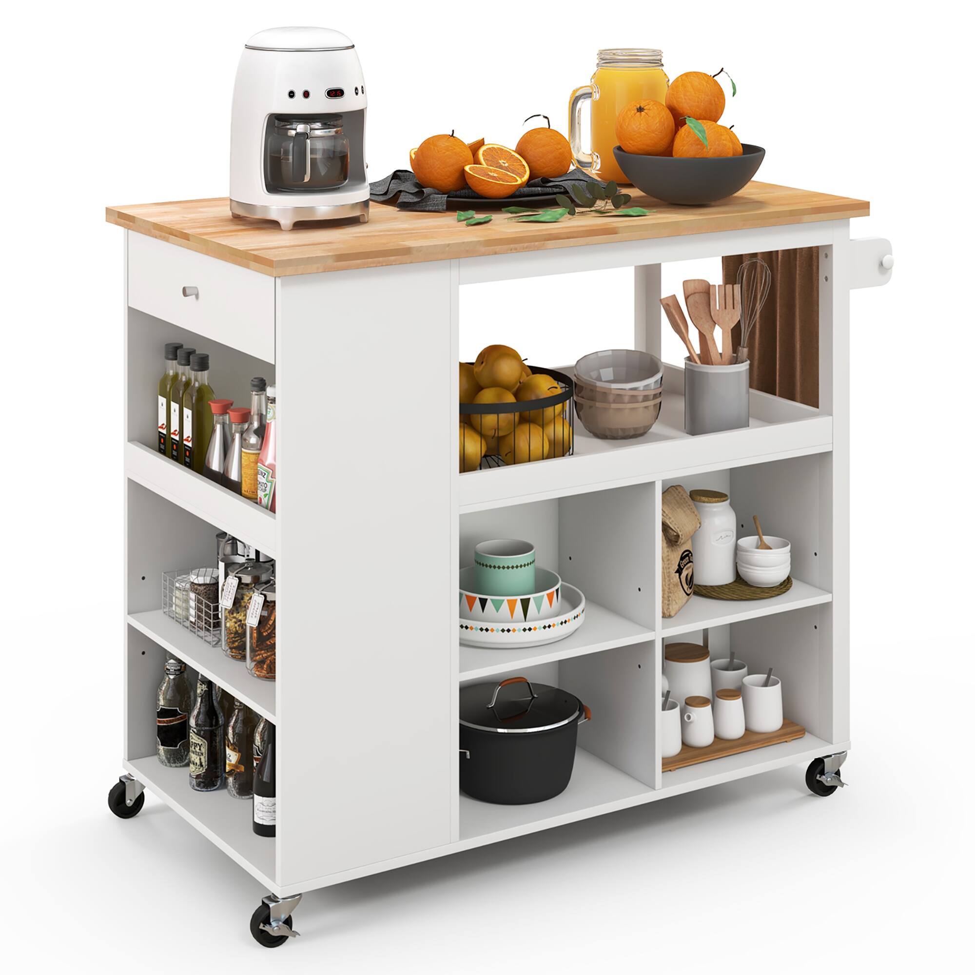 Costway - Kitchen Island Trolley Cart on Wheels with Storage Open Shelves & Drawer - White