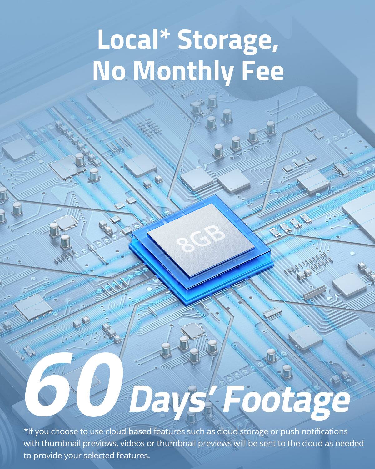 Local* Storage, No Monthly Fee  
8GB  
60 Days' Footage  
*If you choose to use cloud-based features such as cloud storage or push notifications with thumbnail previews, videos or thumbnail previews will be sent to the cloud as needed to provide your selected features.