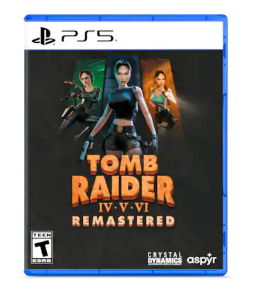 B PS5. R TOMB RAIDER IV V VI REMASTERED TEEN T CRYSTAL DYNAMICS aspyr AN EMBRACER GROUP COMPANY - T (Teen 13+)